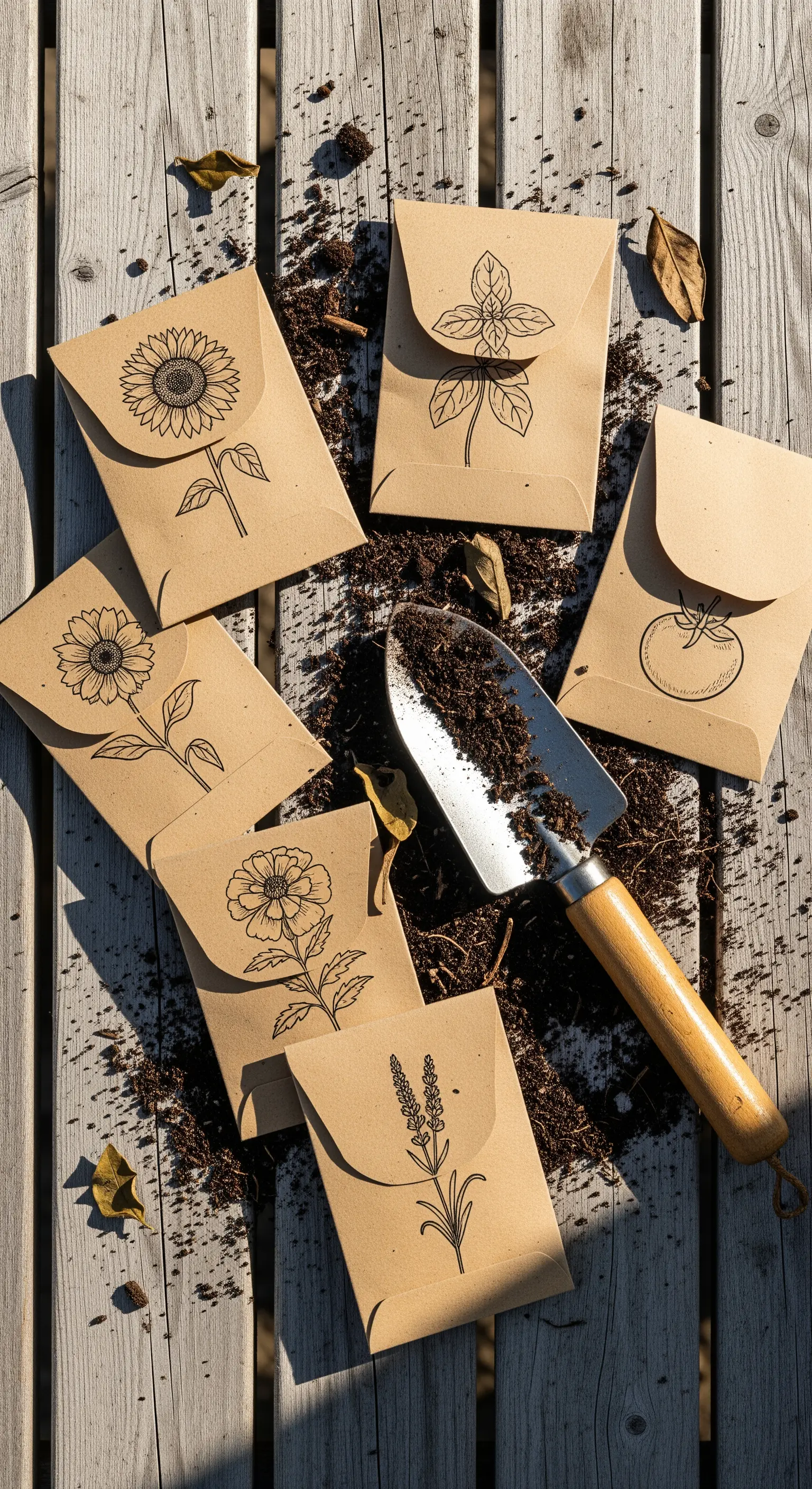 Bustine di semi in carta kraft con disegni botanici, sparse su un tavolo di legno con terra e una paletta.