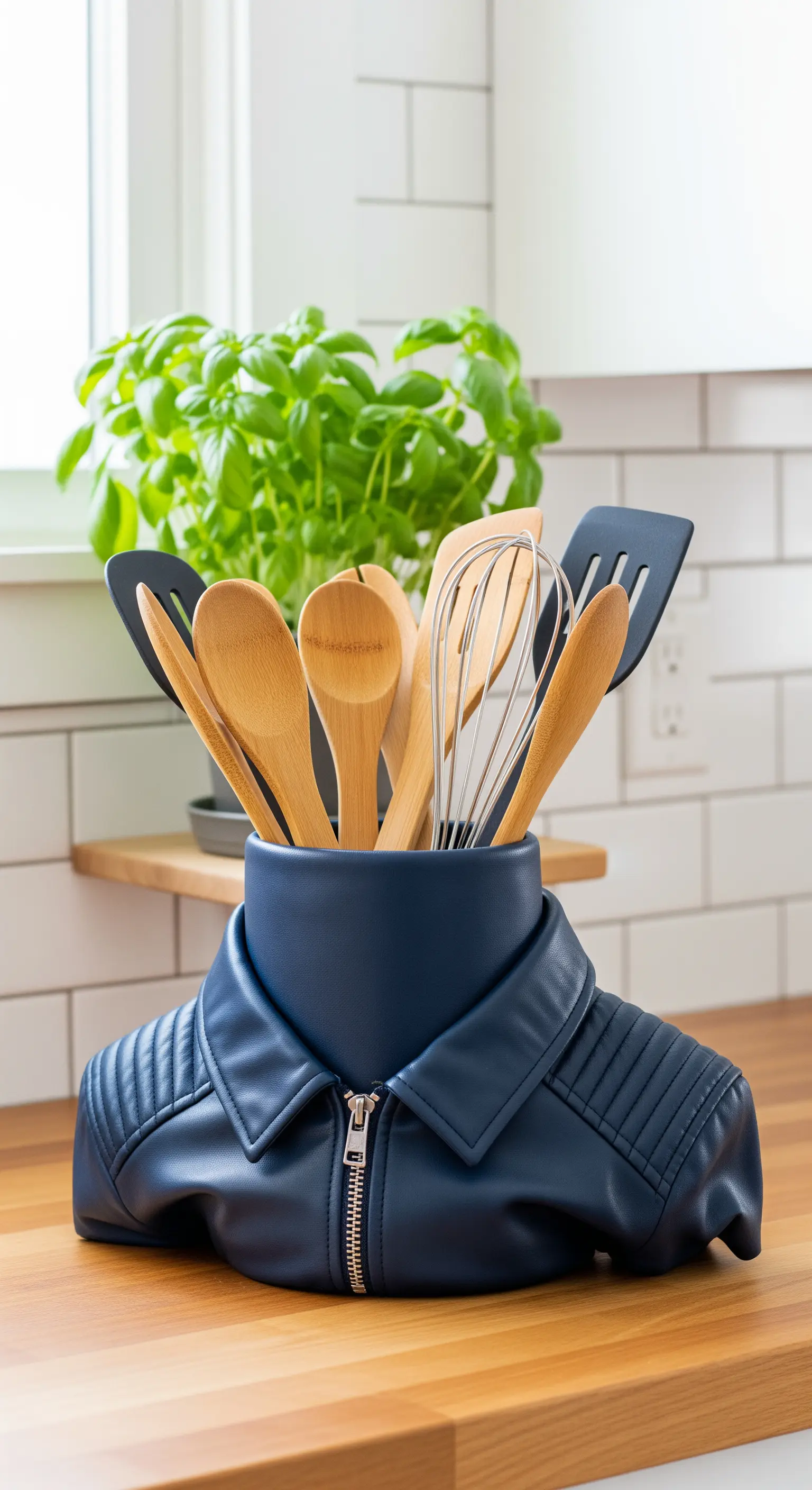 Portamestoli in pelle blu a forma di busto di giacca su un piano di lavoro in cucina.