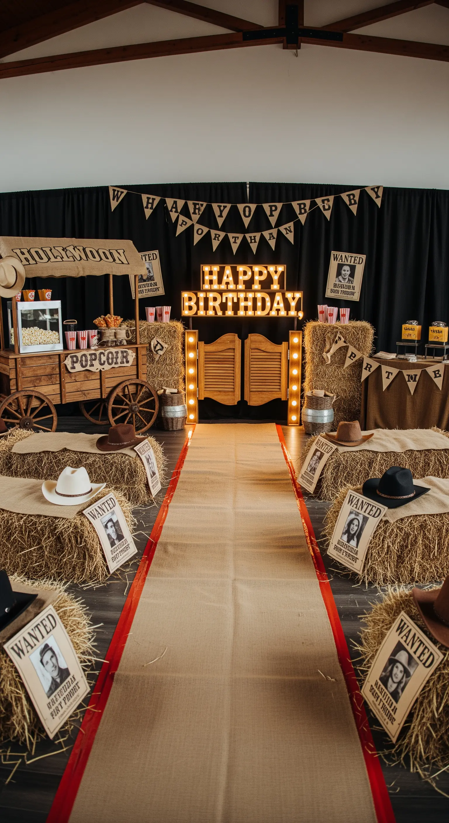Festa a tema western con balle di fieno, poster Wanted e insegne luminose.