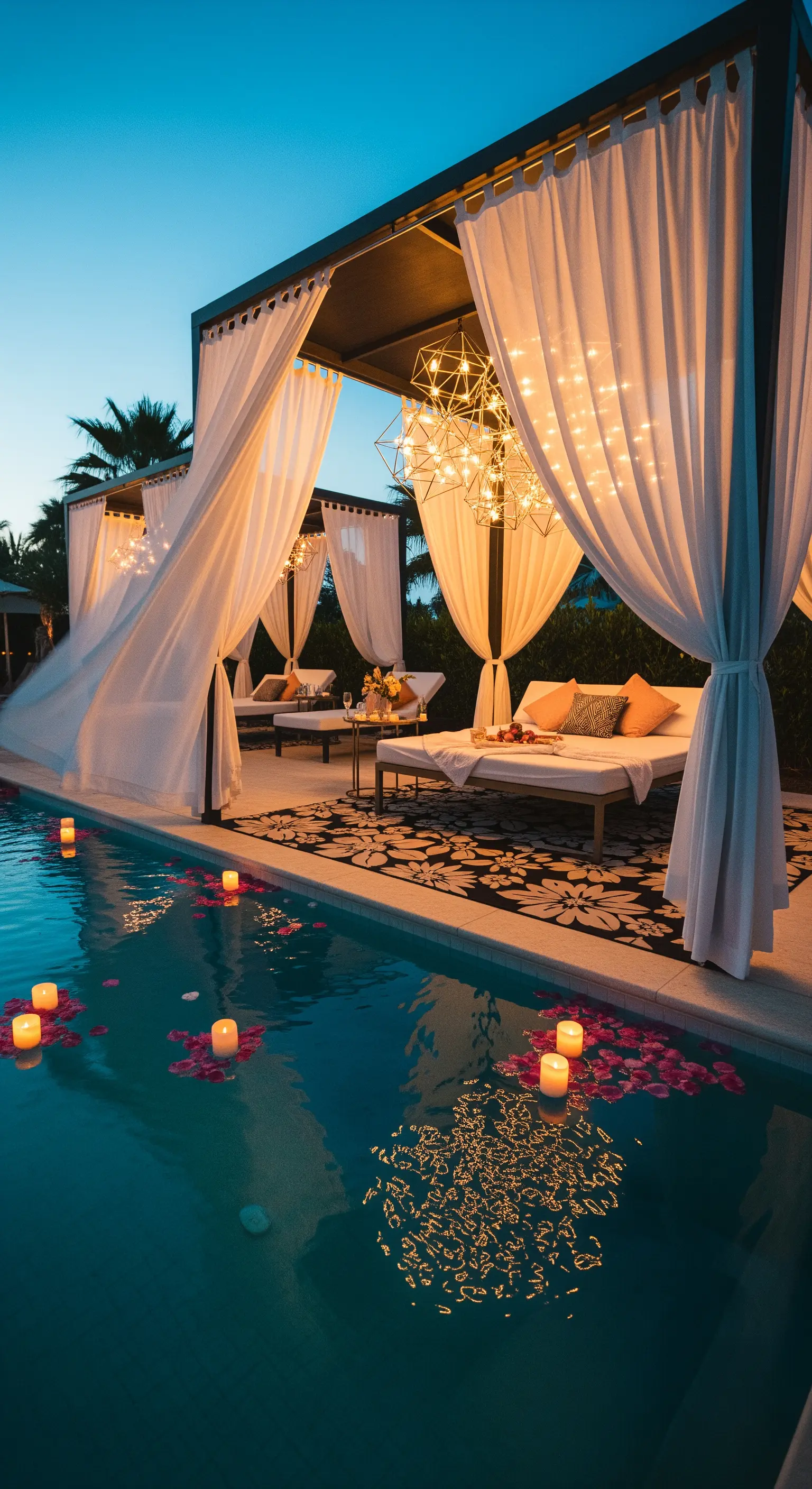 Cabana a bordo piscina con lettini, tende bianche, lampadari moderni e candele galleggianti.