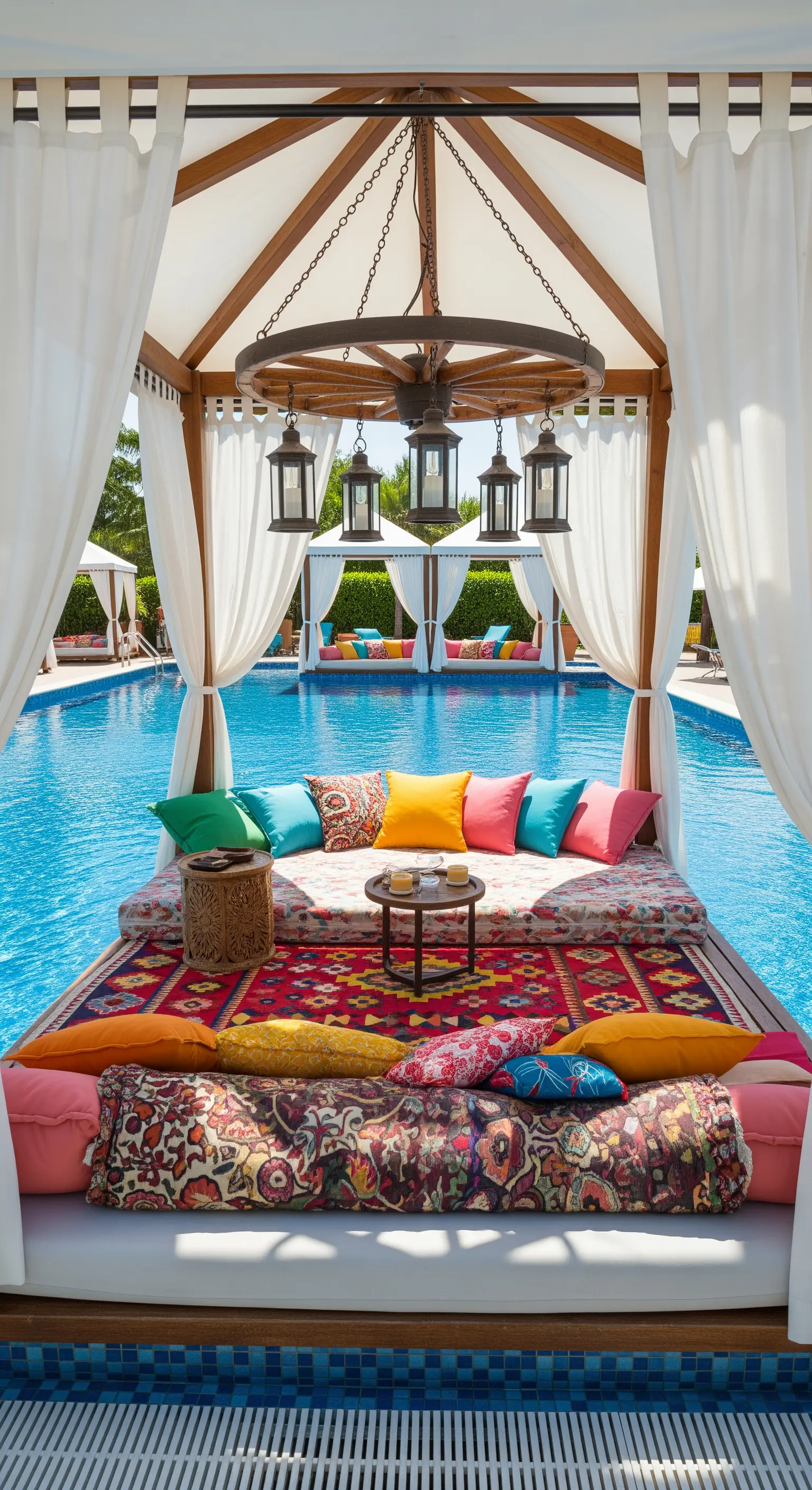 Cabana a bordo piscina con cuscini colorati, tende bianche e un tappeto kilim.