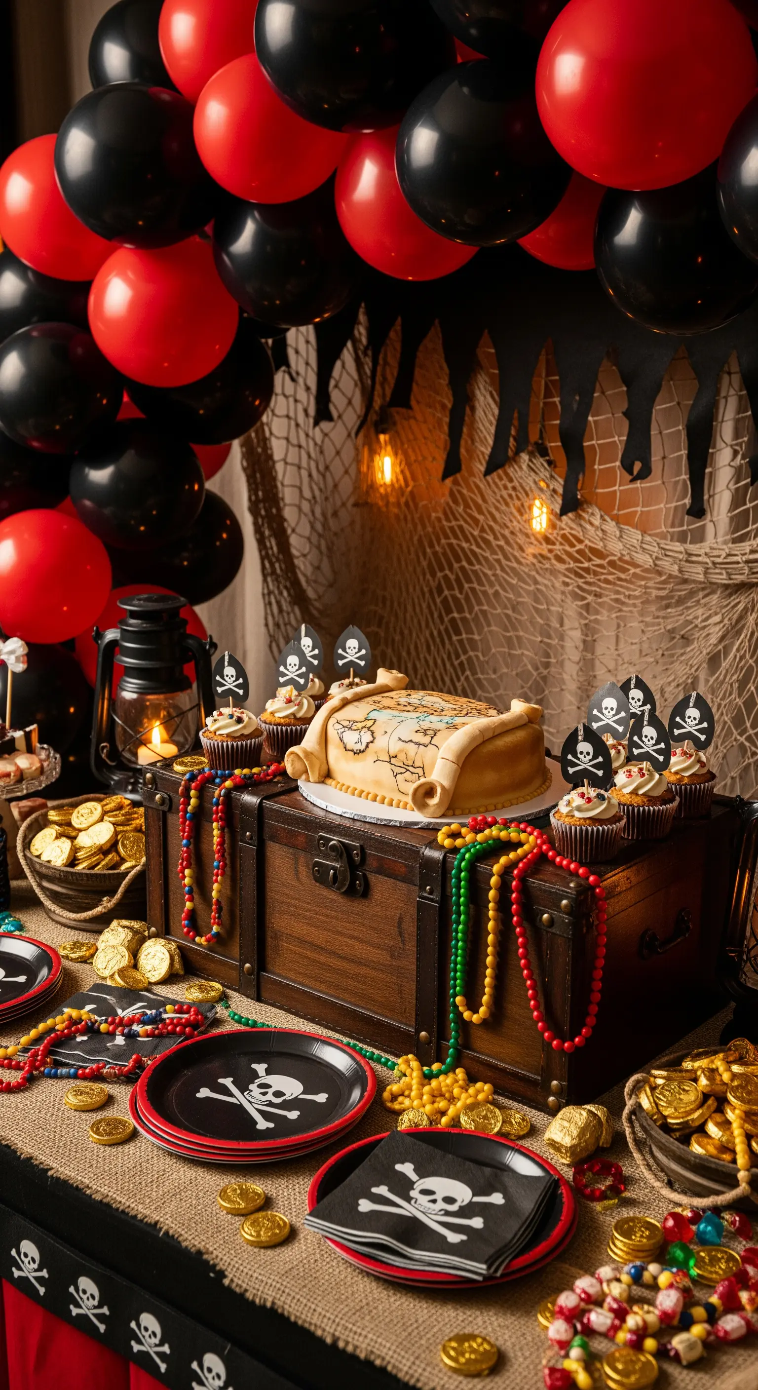 Buffet a tema pirati con forziere, monete d'oro, torta a mappa e palloncini rossi e neri.