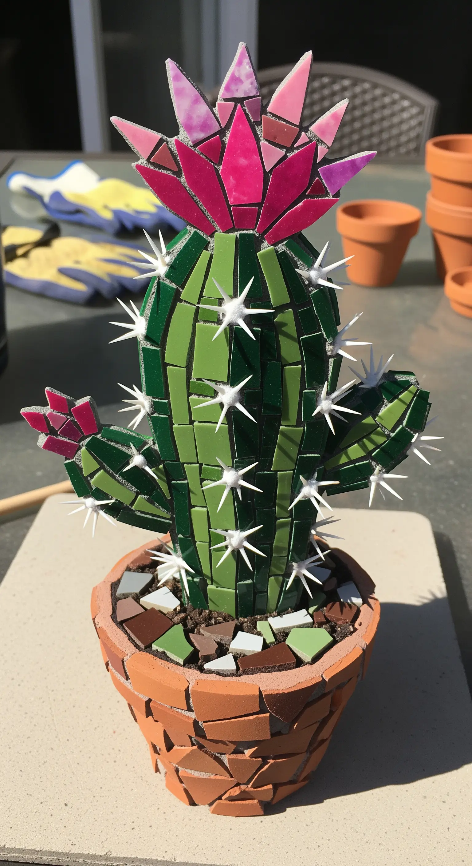 Scultura di cactus in un vaso di terracotta, interamente ricoperta di mosaico verde e rosa.