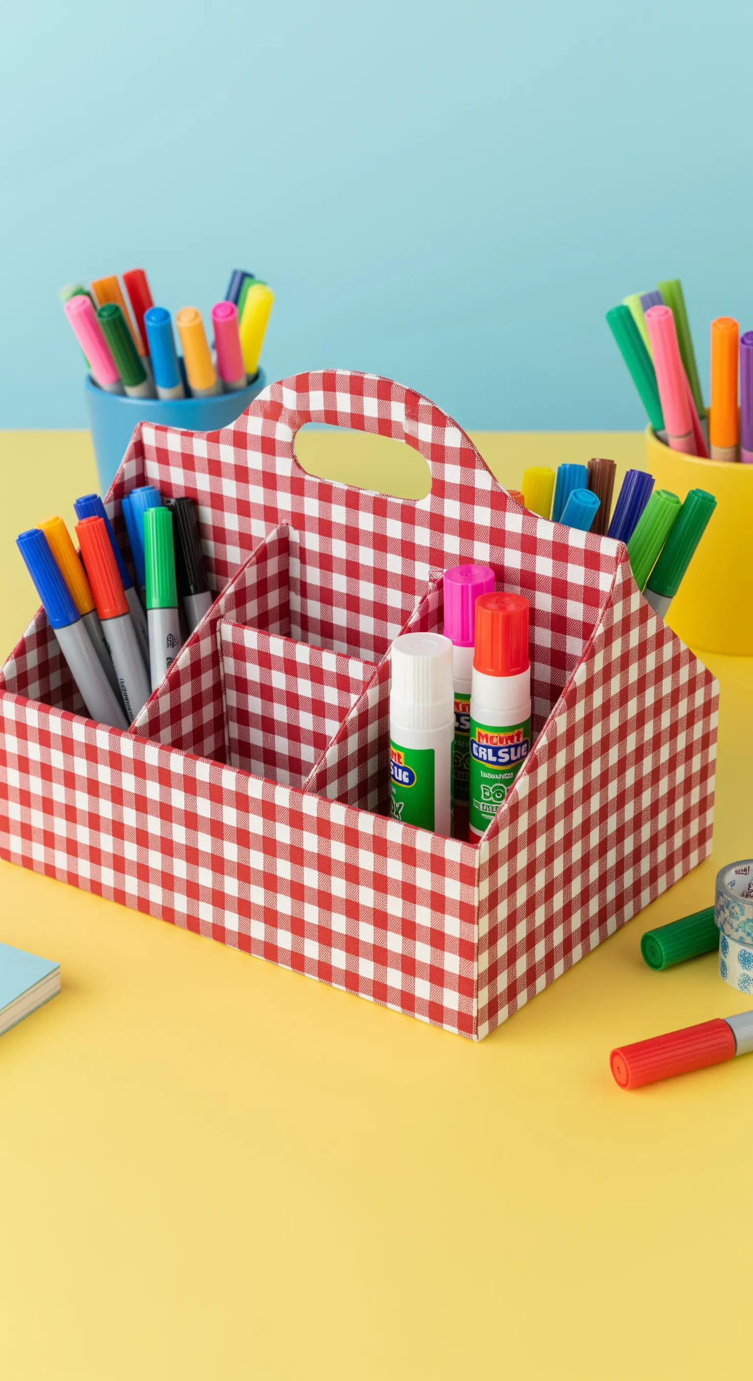 Organizer da scrivania portatile a quadretti rossi e bianchi, con manico e divisori.