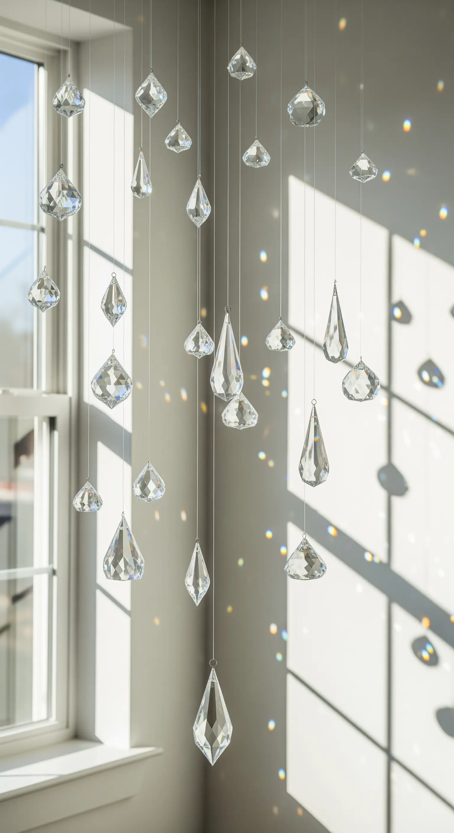 Cristalli appesi a una finestra che proiettano arcobaleni su una parete bianca.