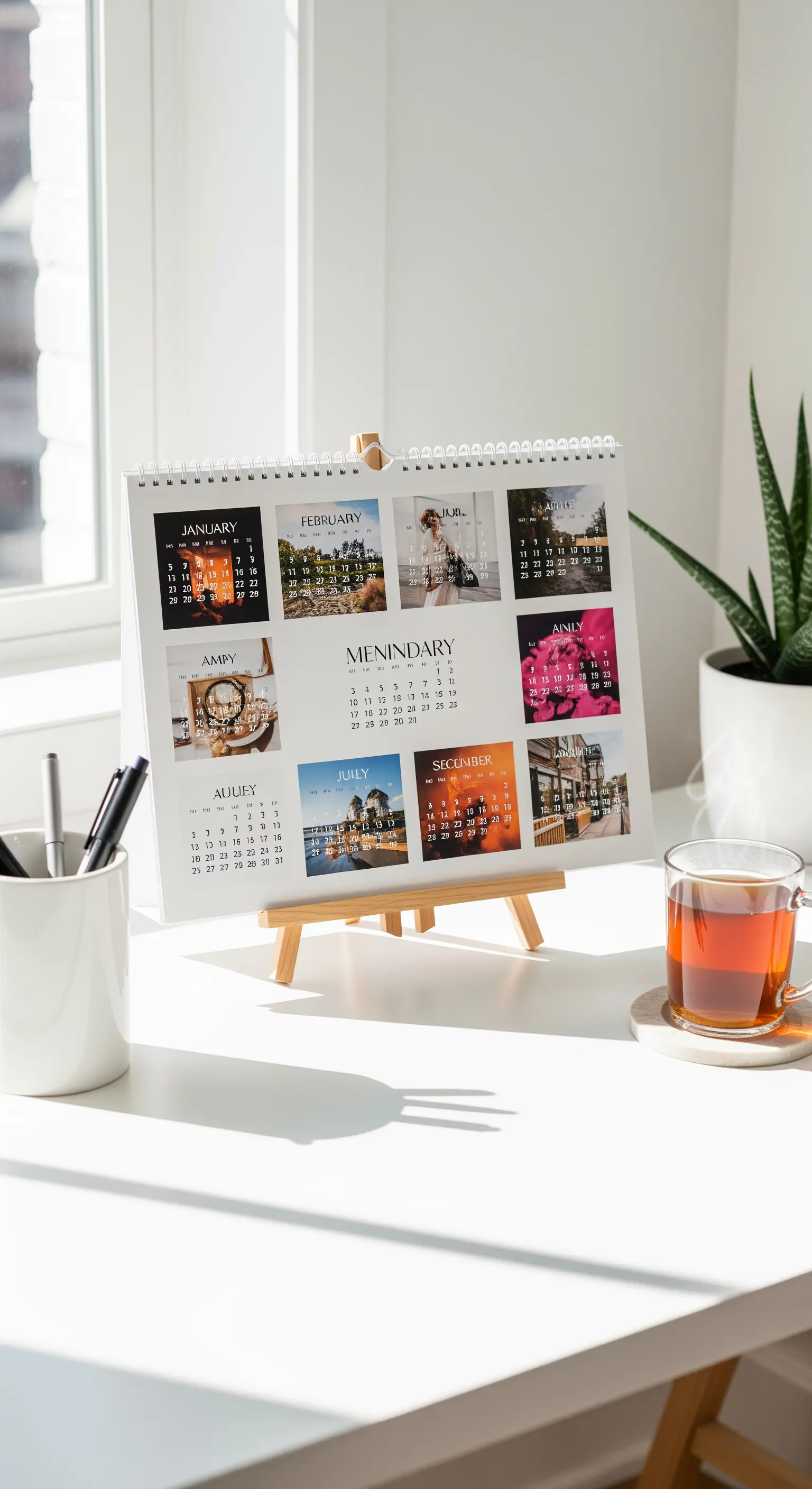Calendario da tavolo personalizzato con foto, appoggiato su un cavalletto di legno su una scrivania bianca.