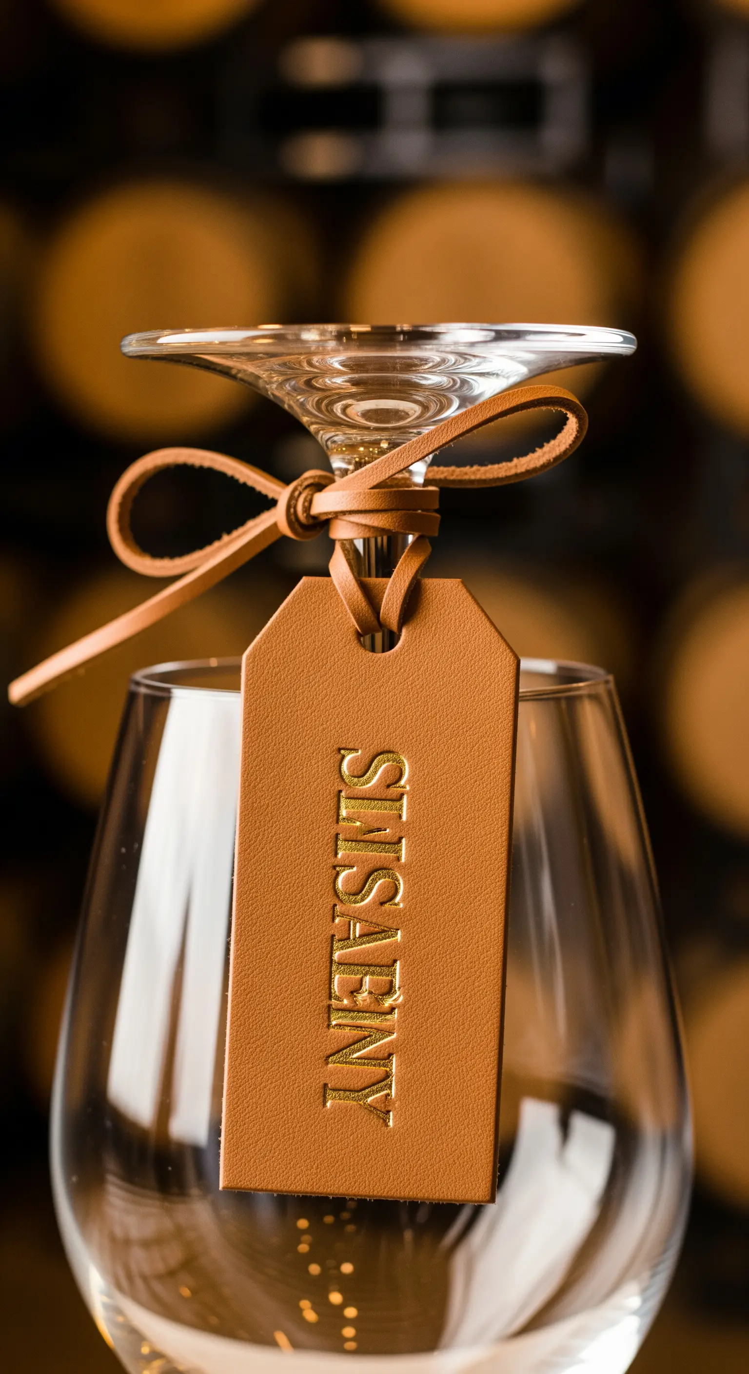 Etichetta in pelle color cuoio con nome impresso in oro, legata allo stelo di un calice di vino.