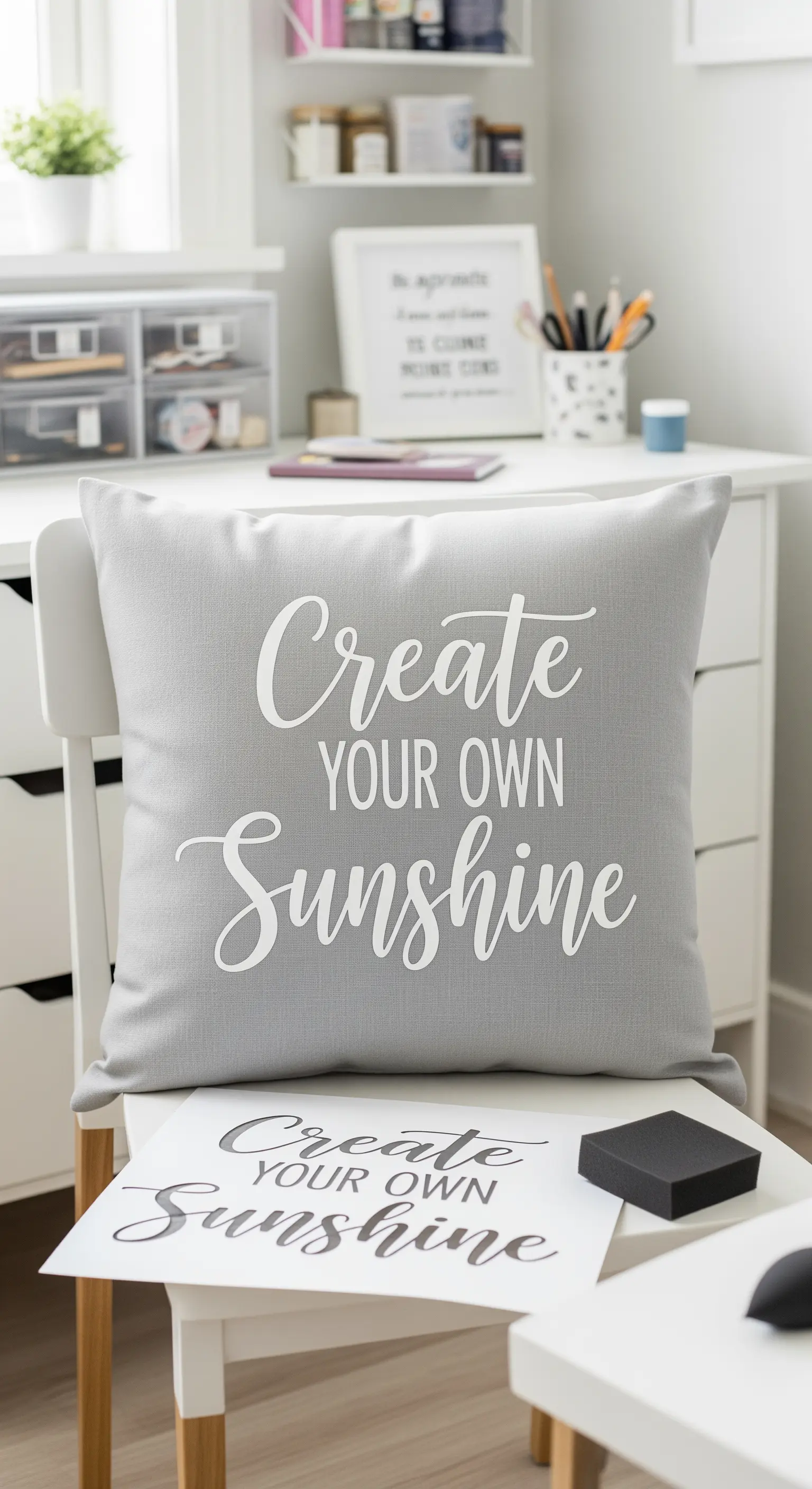 Cuscino grigio con la scritta 'Create Your Own Sunshine' applicata con uno stencil.