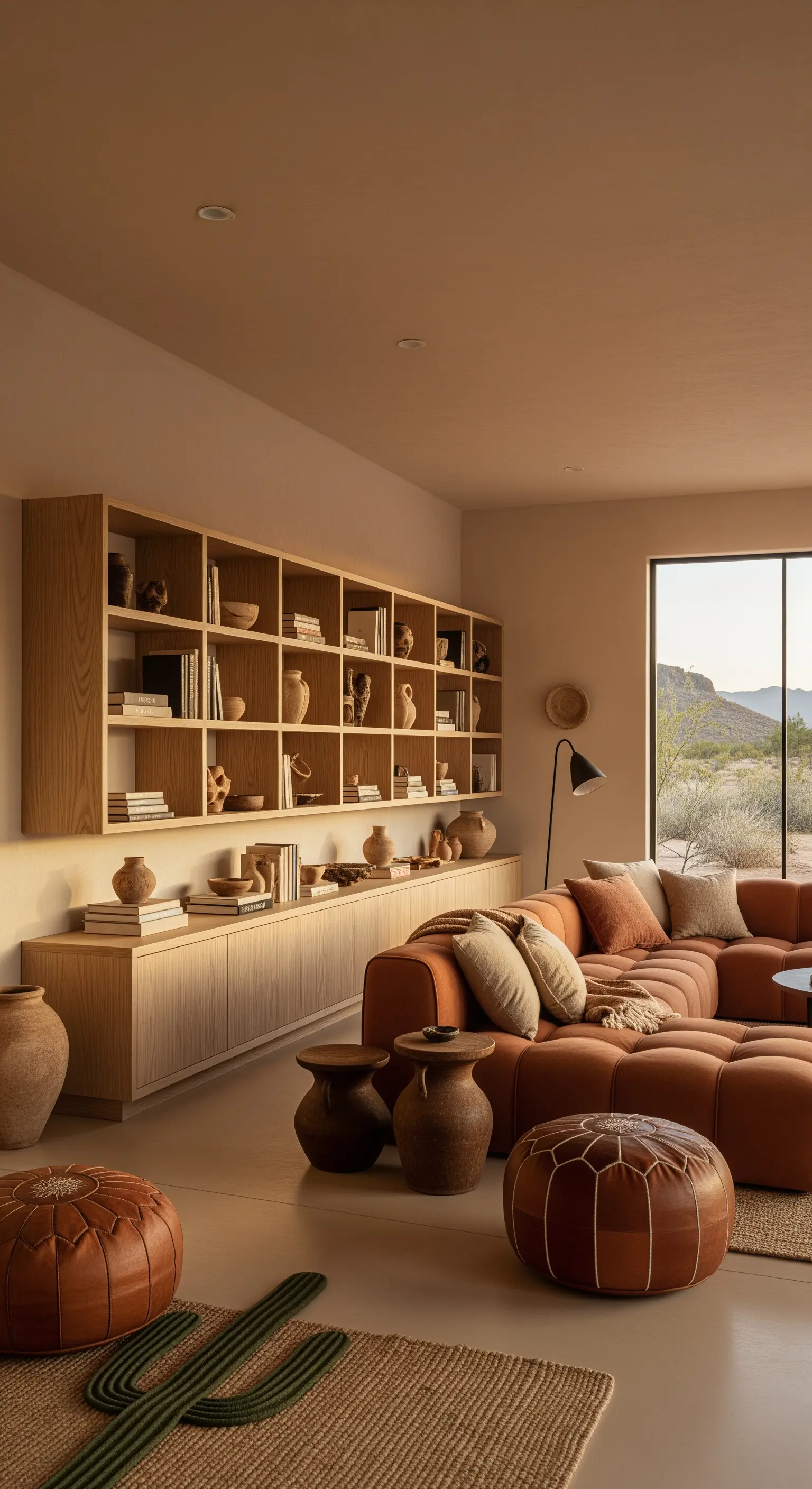 Salotto desert modern con libreria in rovere chiaro e divano componibile color terracotta.