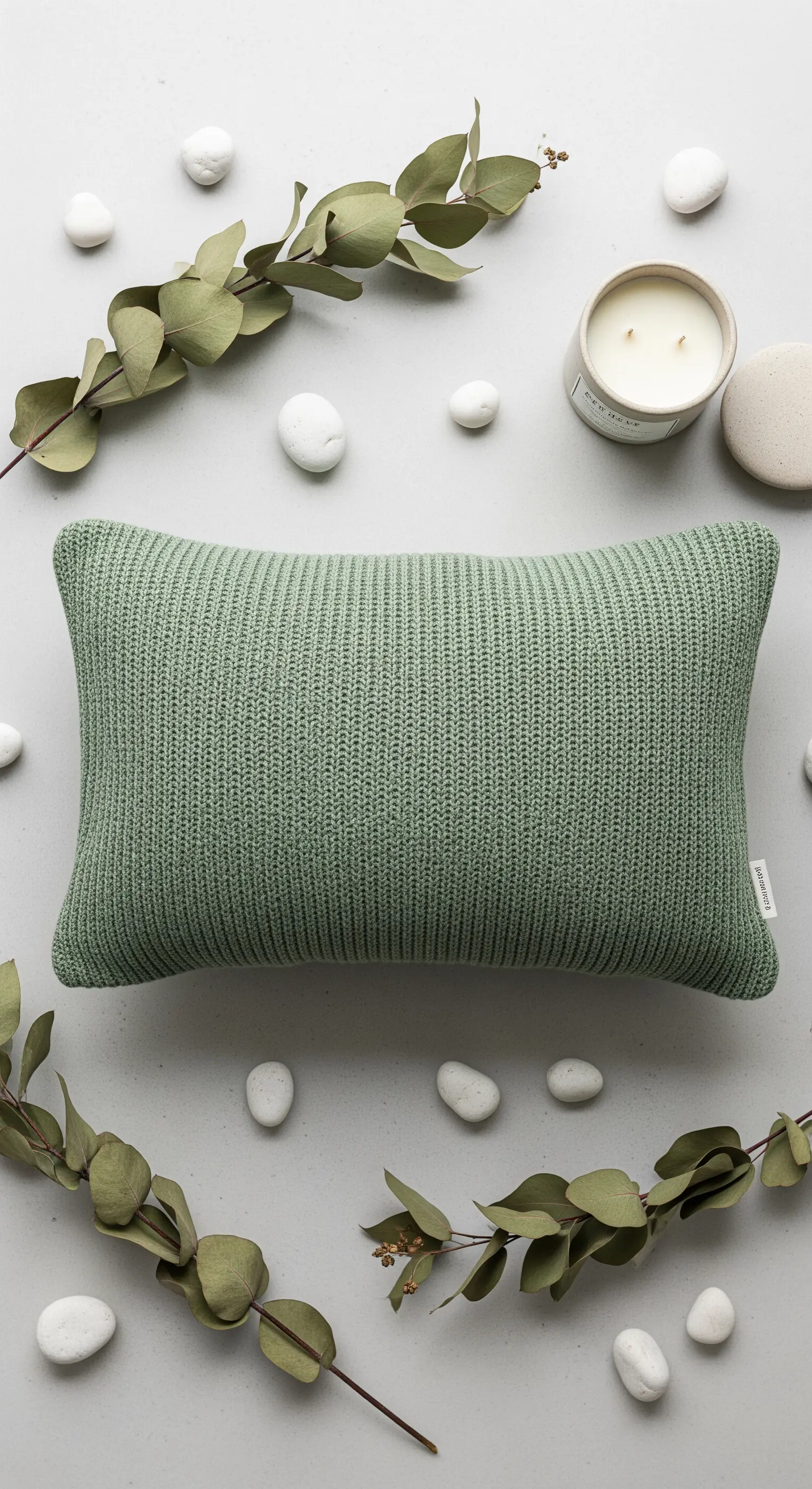 Cuscino lombare rettangolare verde salvia, con rami di eucalipto e una candela.
