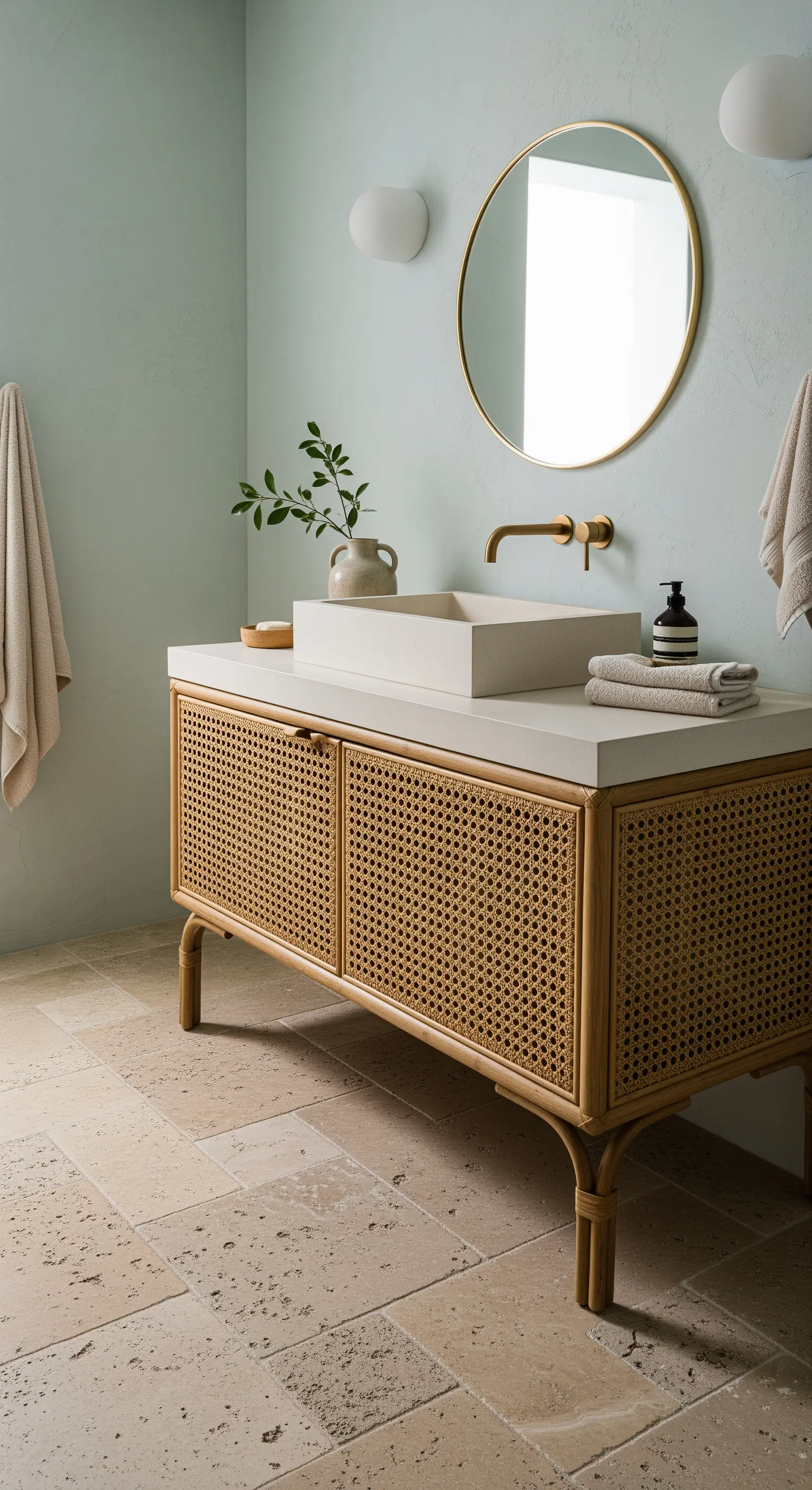 Mobile in rattan, lavabo d'appoggio e pareti in microcemento verde salvia.