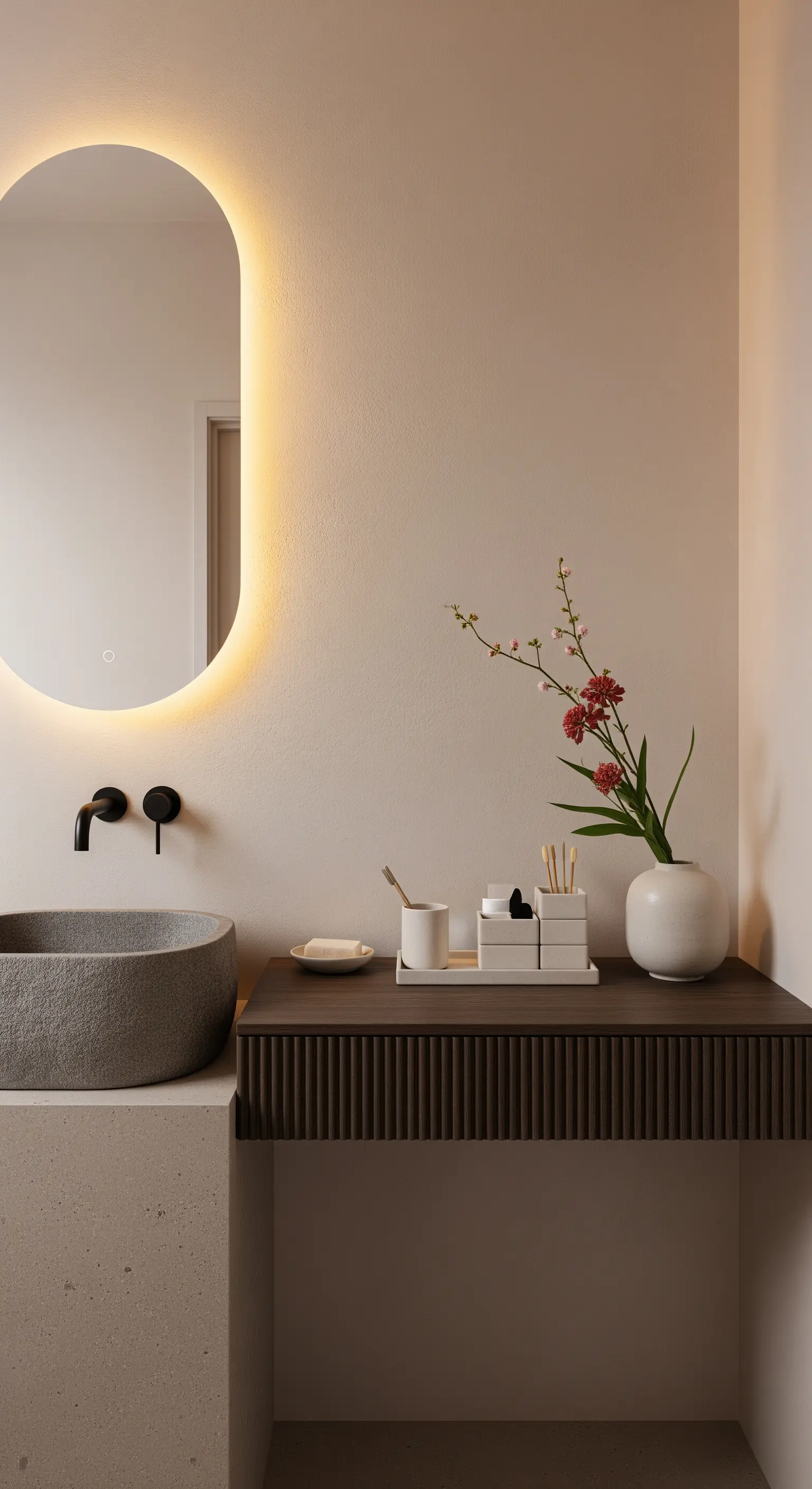 Bagno minimalista con lavabo in pietra, mobile in legno cannettato e specchio ovale retroilluminato.