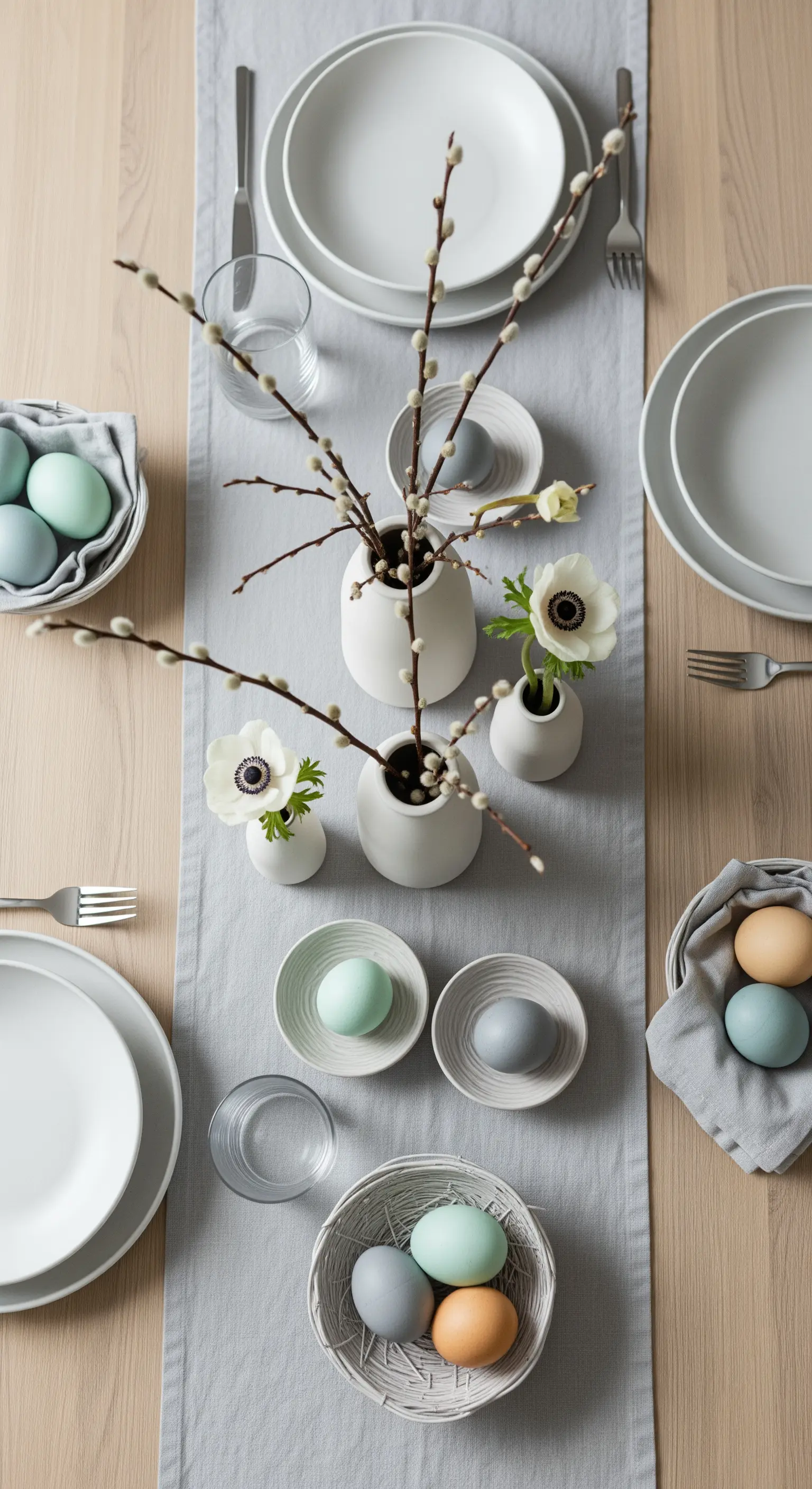 Tavola pasquale in stile scandinavo con runner grigio, vasi bianchi e uova color pastello.