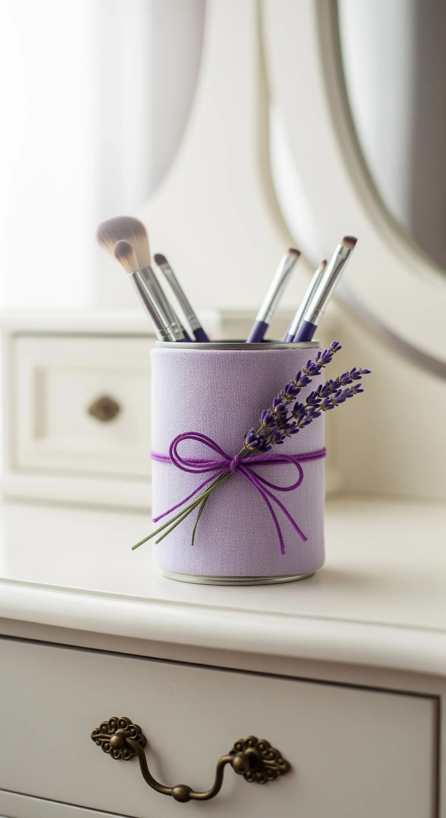 Portapennelli color lavanda con un rametto di lavanda fresca legato con uno spago viola.