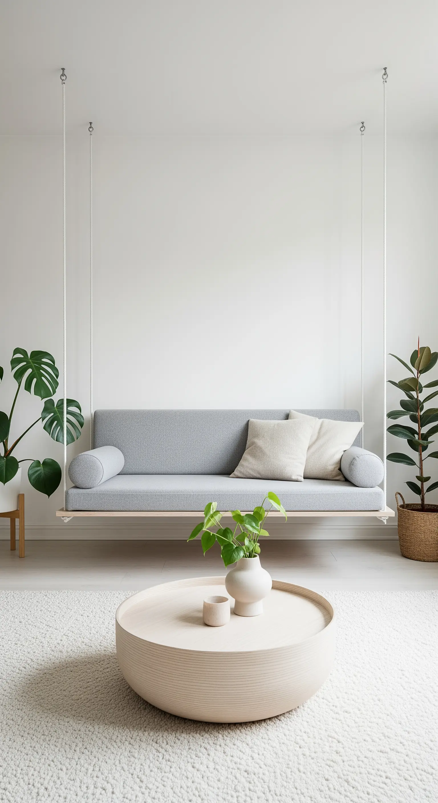 Divano sospeso grigio chiaro con base in legno in un soggiorno minimalista e luminoso.