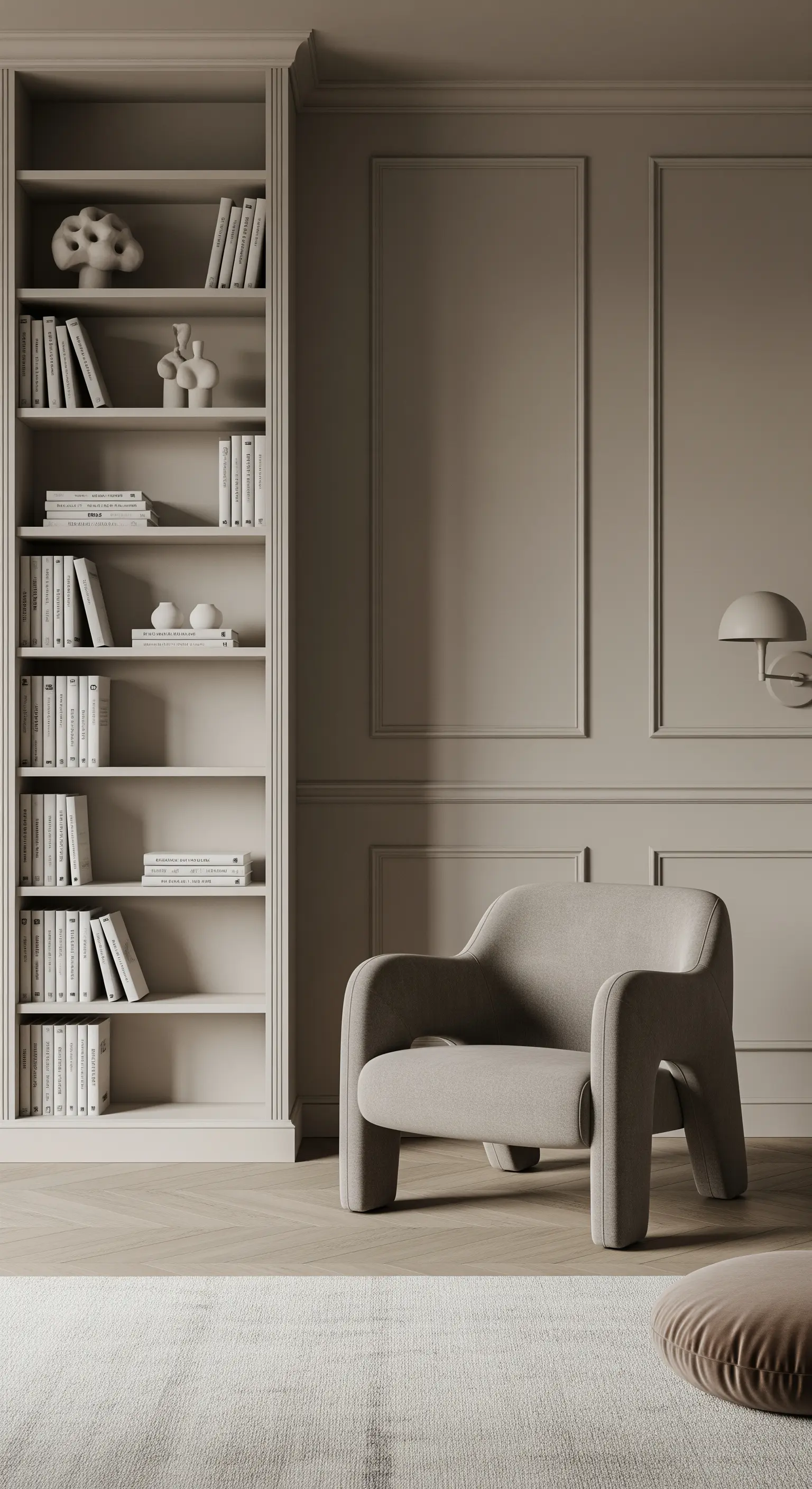 Ambiente monocromatico greige con libreria a muro, boiserie e poltrona moderna.