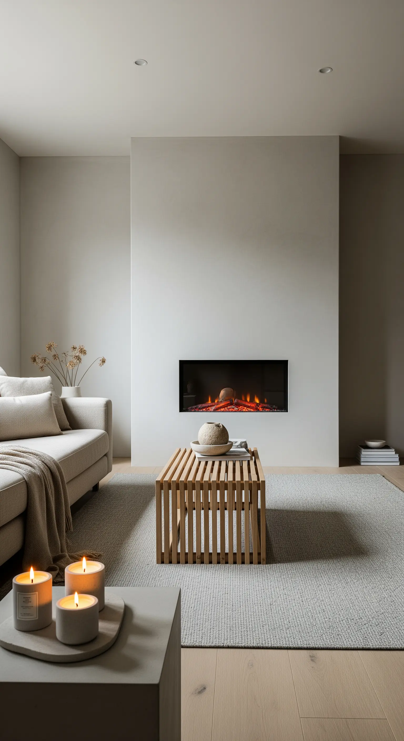 Soggiorno minimalista con camino, pareti neutre e tavolino in legno a listelli.