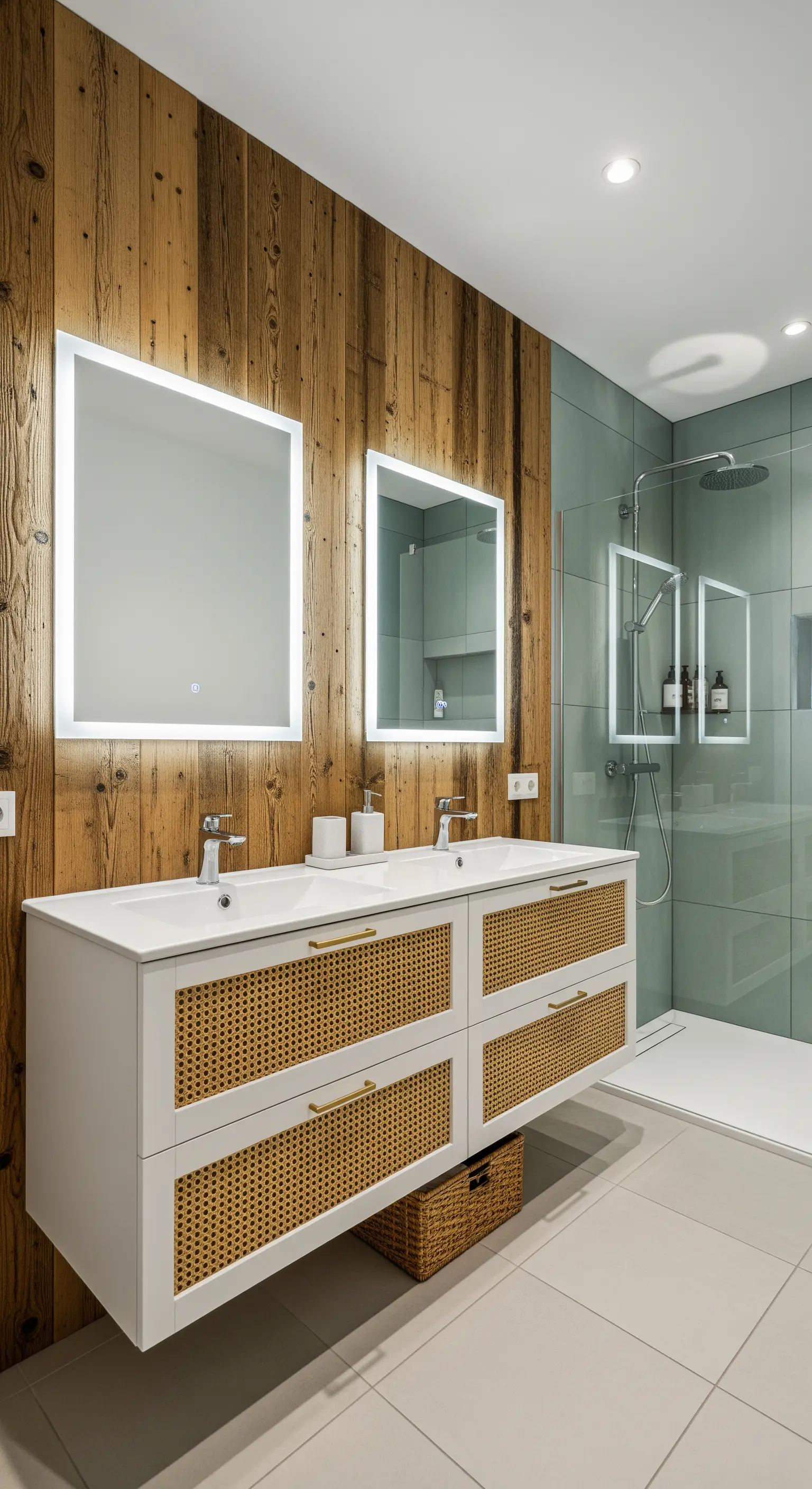 Bagno con parete in legno, mobile bianco con inserti in rattan e doccia verde salvia.