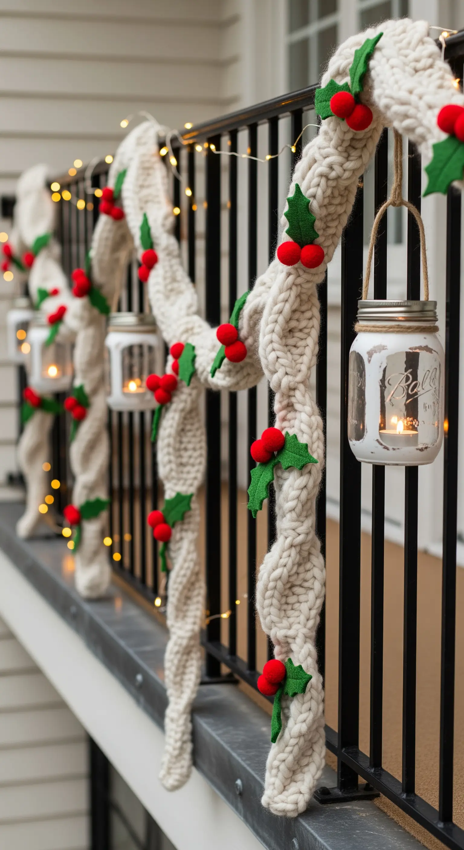 Ringhiera decorata con una spessa treccia di lana, agrifoglio in feltro e lanterne fatte con barattoli di vetro