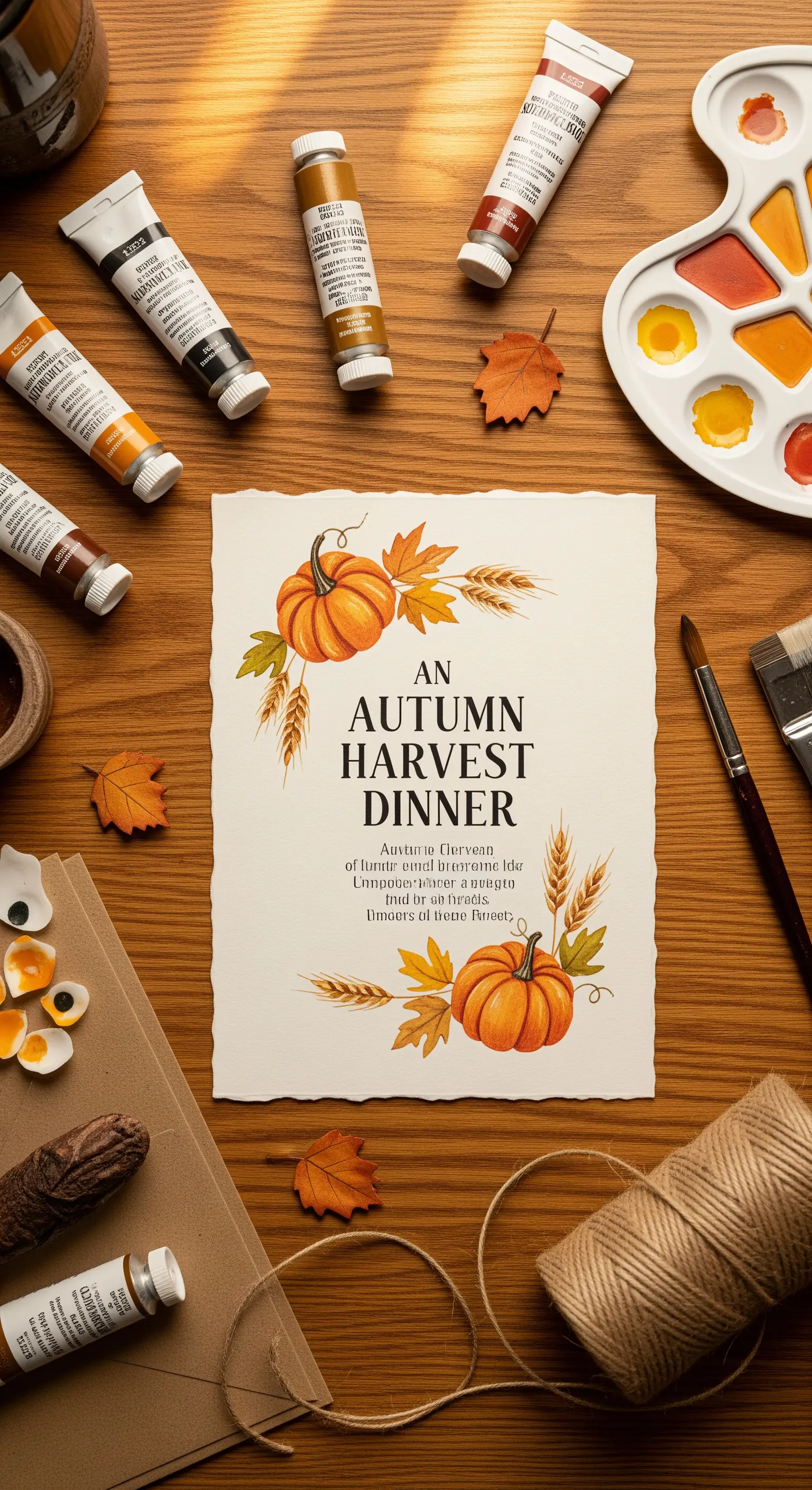 Invito per una cena autunnale con illustrazioni di zucche e spighe di grano.