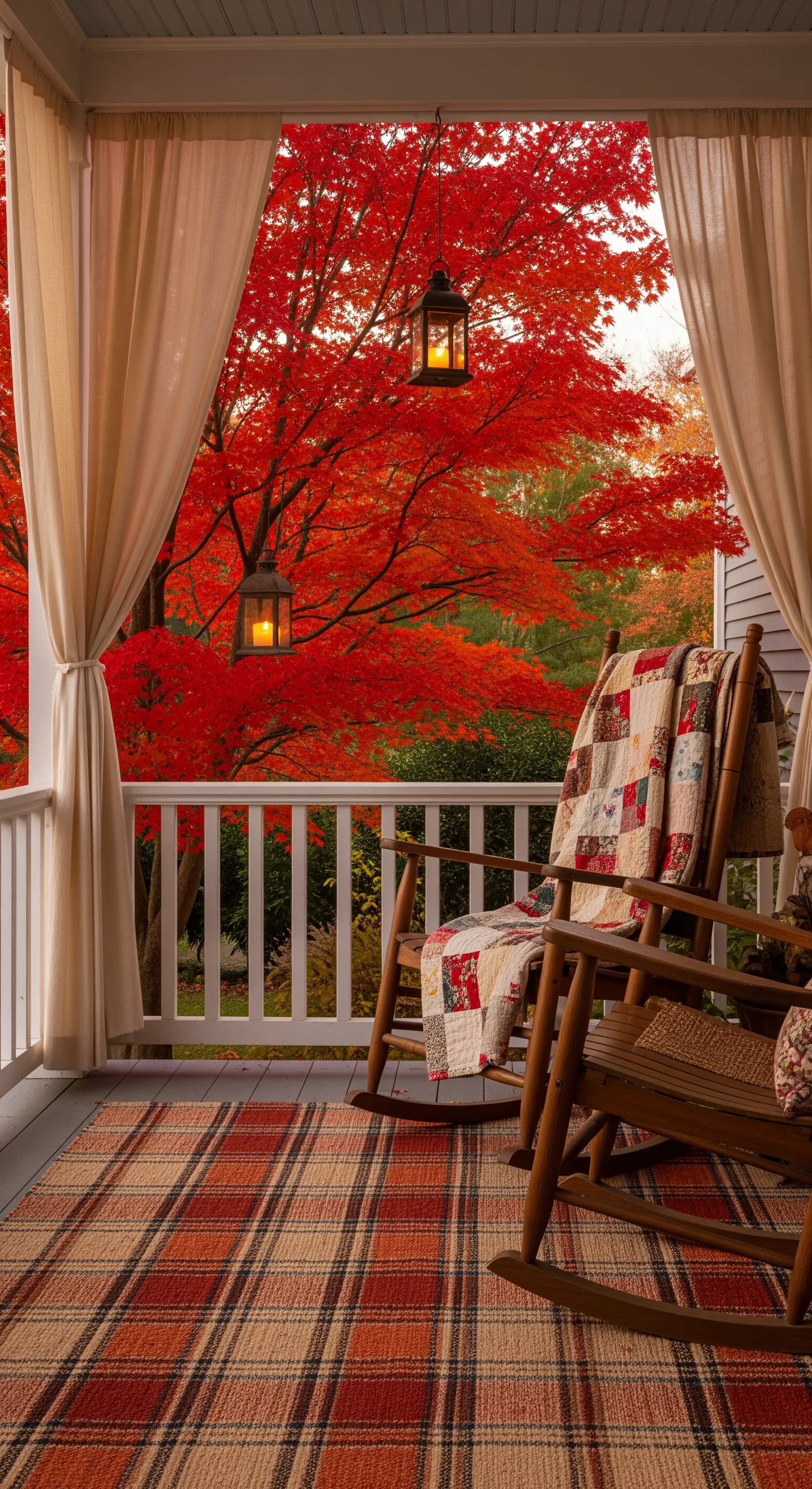 Veranda autunnale con sedie a dondolo, tappeto scozzese e vista su un acero rosso