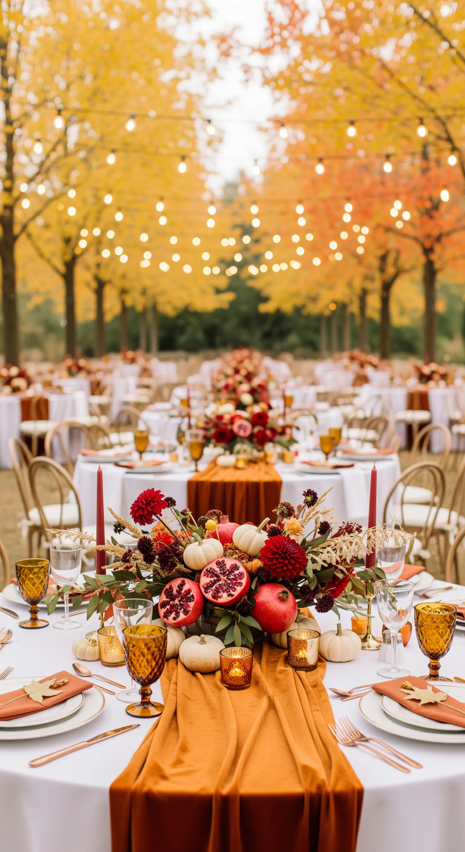 Tavola autunnale con runner color terracotta, melograni, zucche e fiori bordeaux.