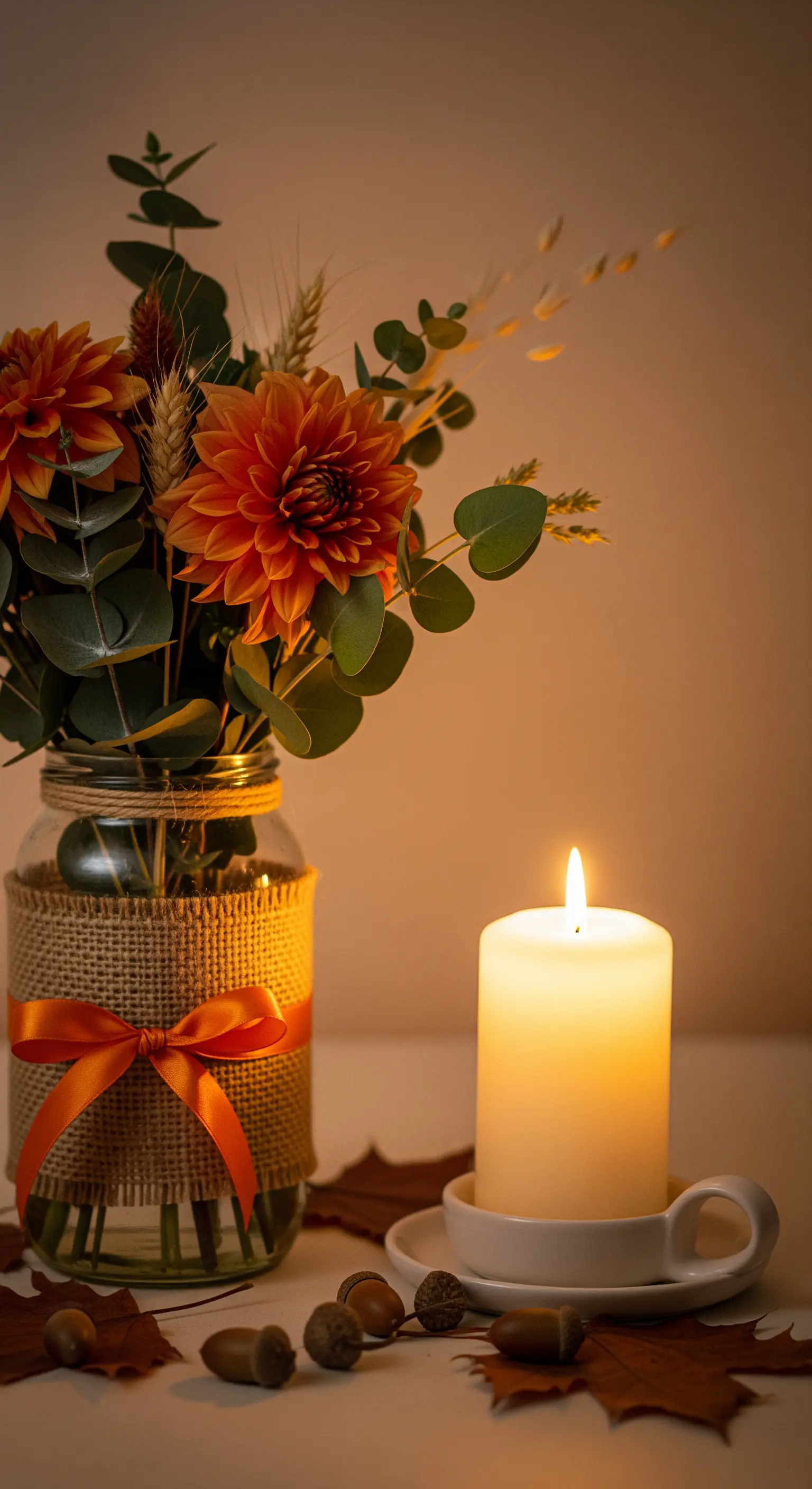 Vaso decorato con juta e nastro arancione, fiori autunnali e una candela accesa.
