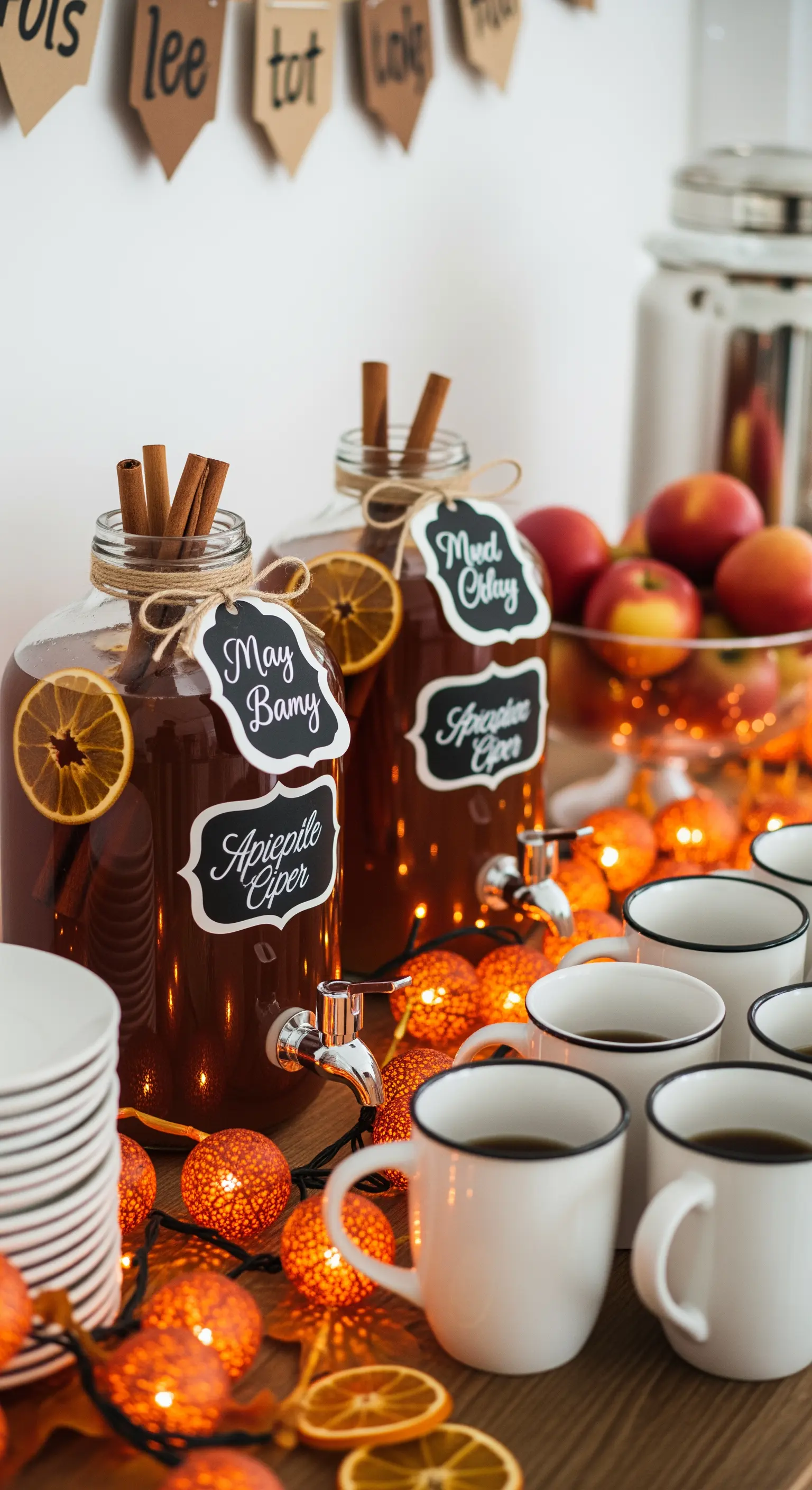 Dispenser di sidro di mele caldo decorati con lavagnette, cannella e luci arancioni.