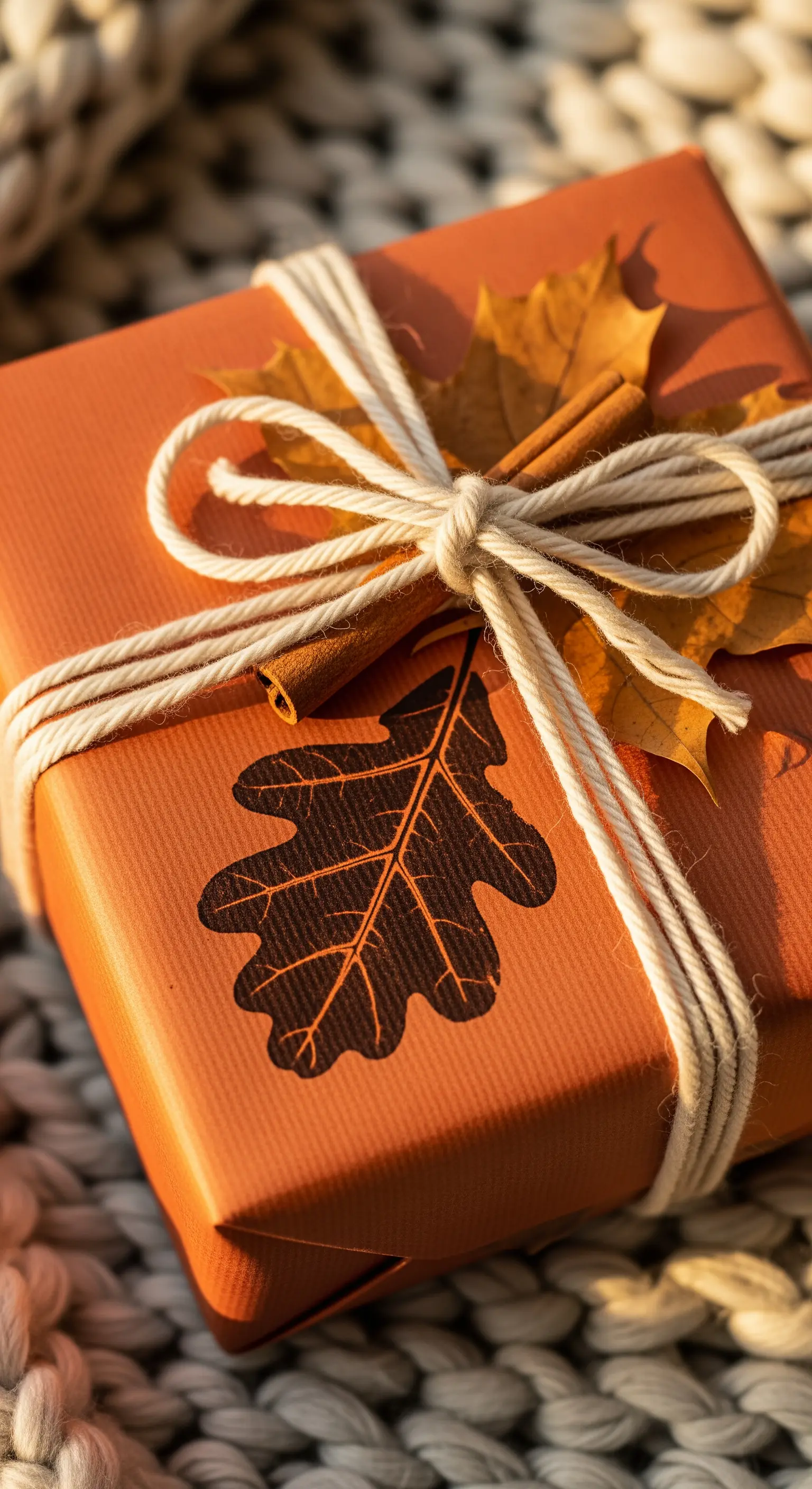 Pacco regalo color terracotta con una foglia stampata, spago e una stecca di cannella.