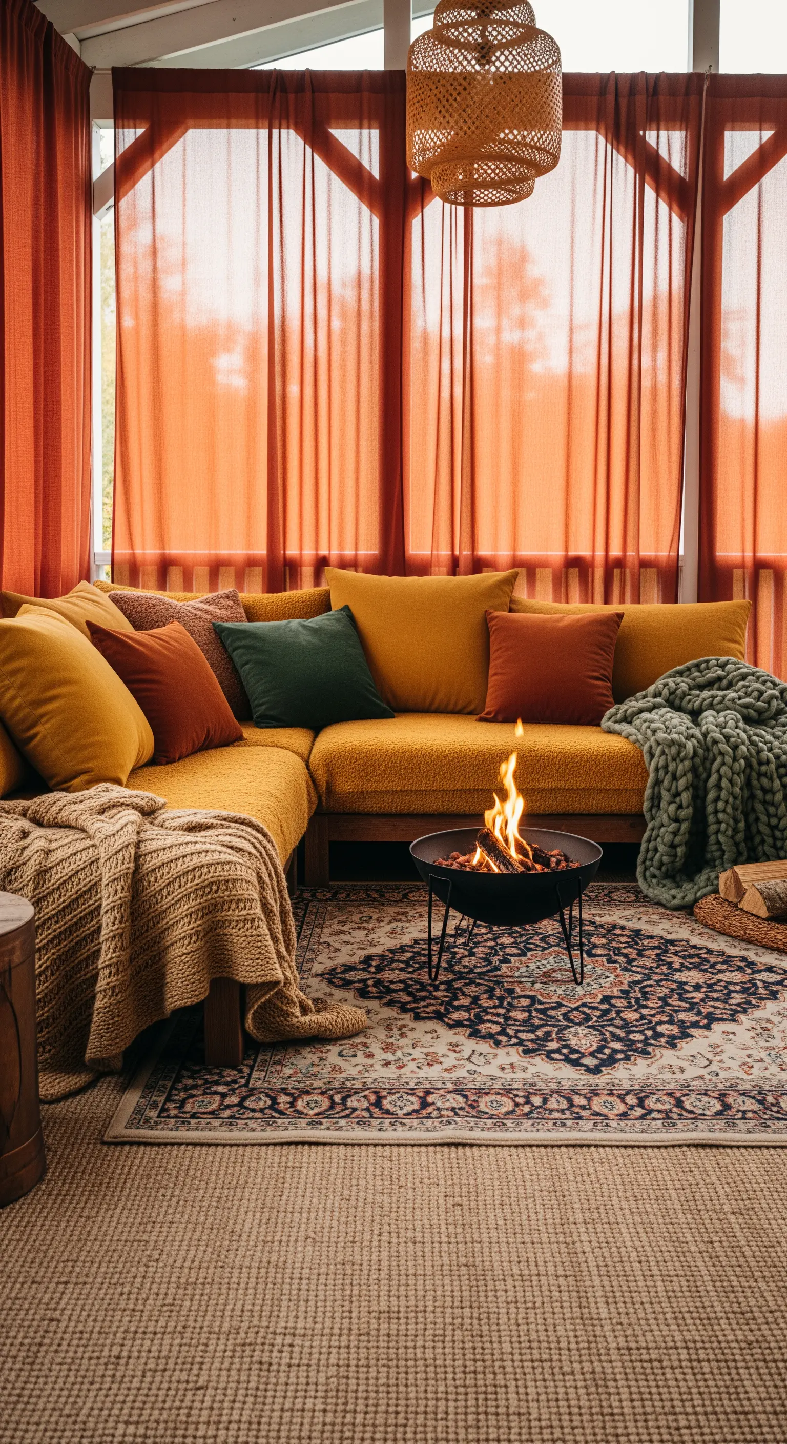 Veranda autunnale con divano giallo, tende arancioni, plaid e un piccolo braciere acceso.