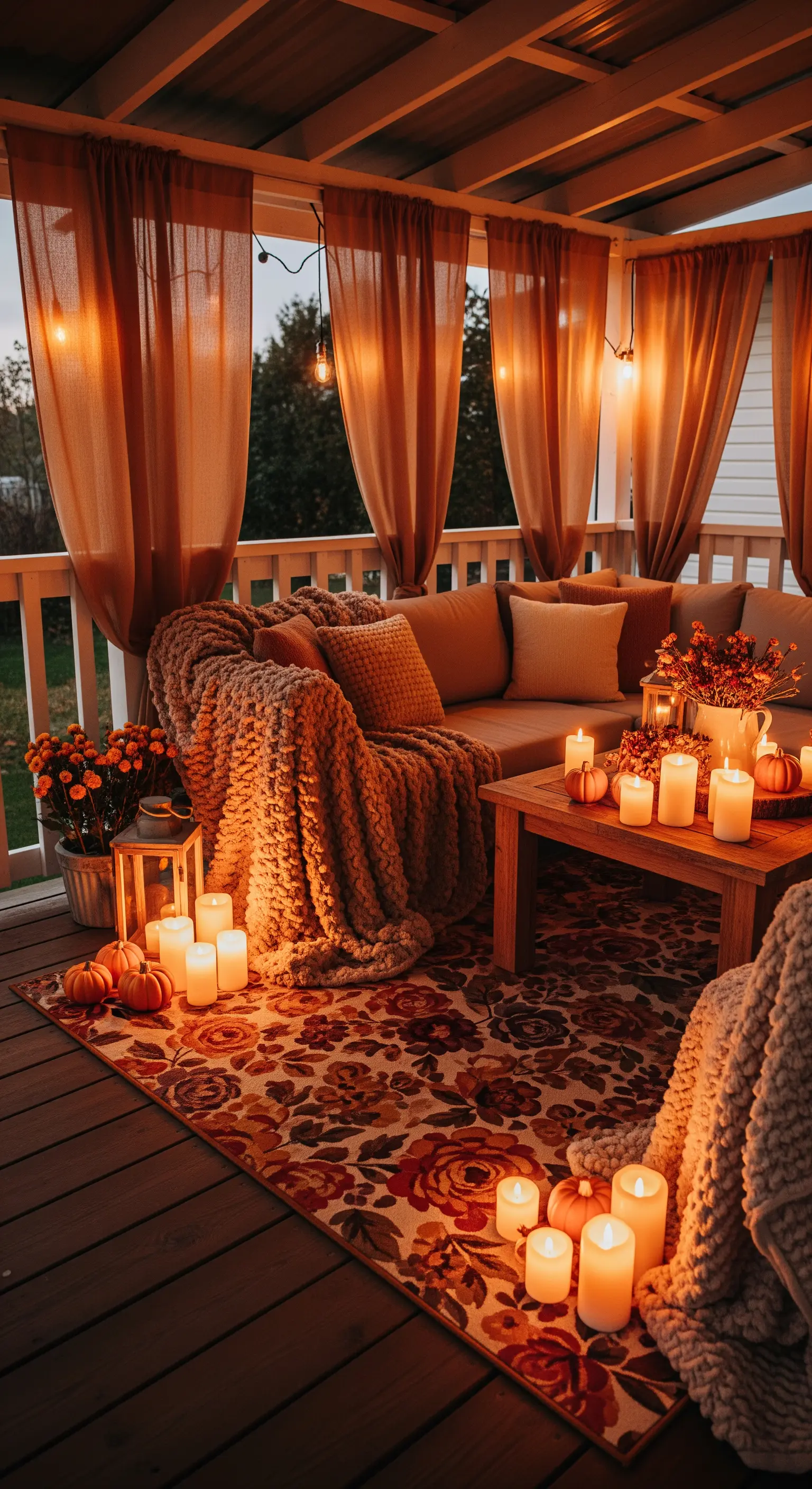 Veranda in stile autunnale con tende arancioni, coperte spesse e decorazioni con zucche.