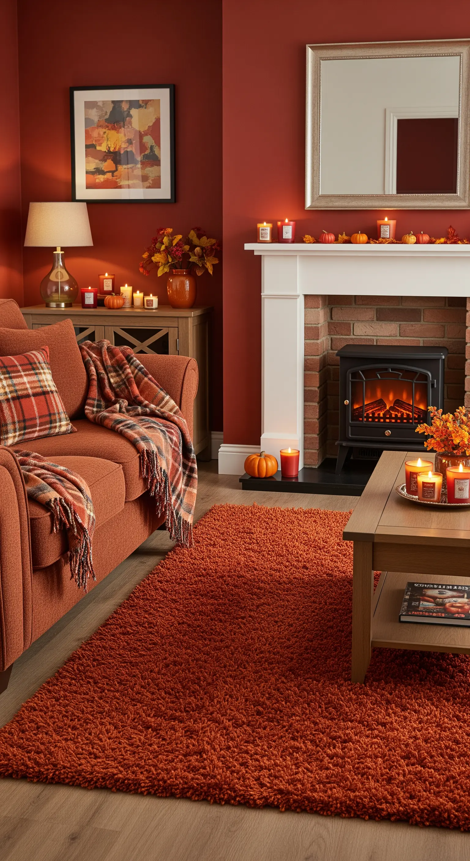 Soggiorno con colori autunnali, divano arancione, plaid scozzese e camino.