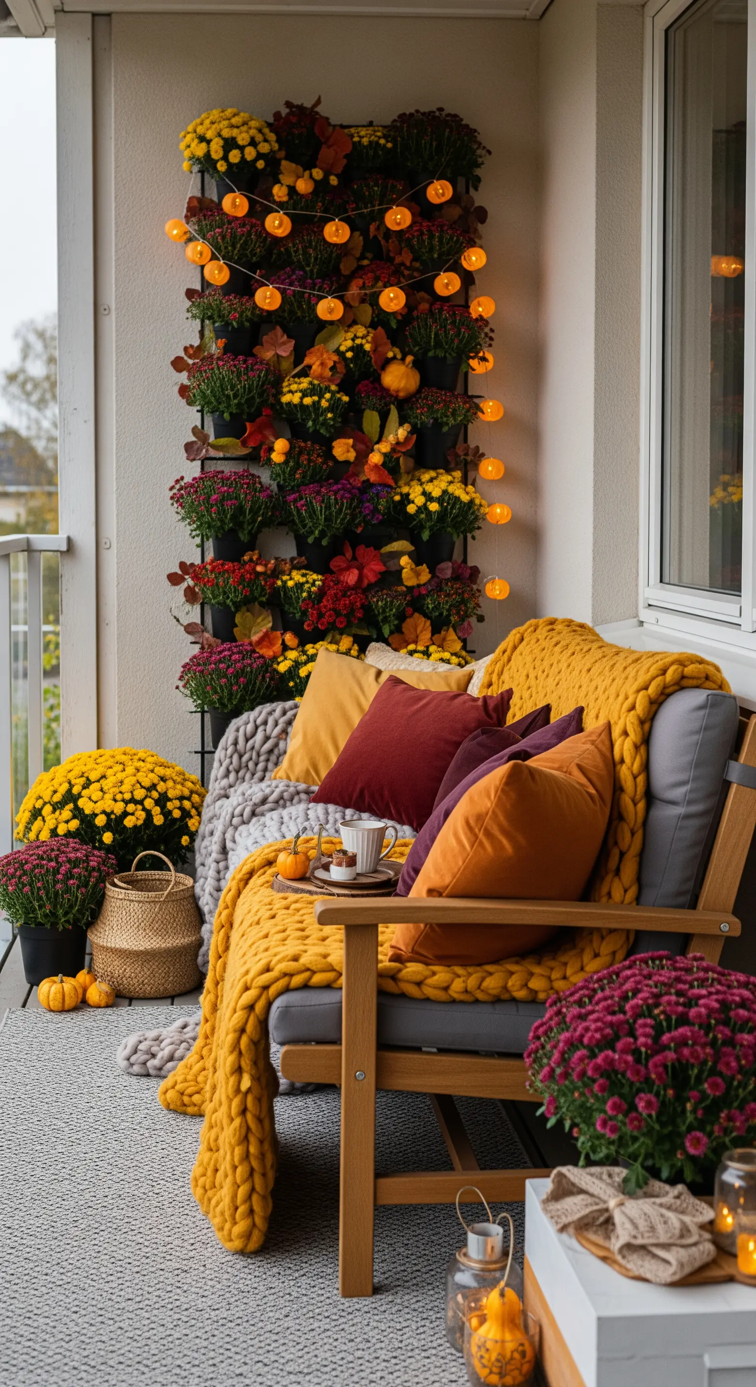 Balcone autunnale con coperte calde, crisantemi, zucche e luci a tema in un giardino verticale.