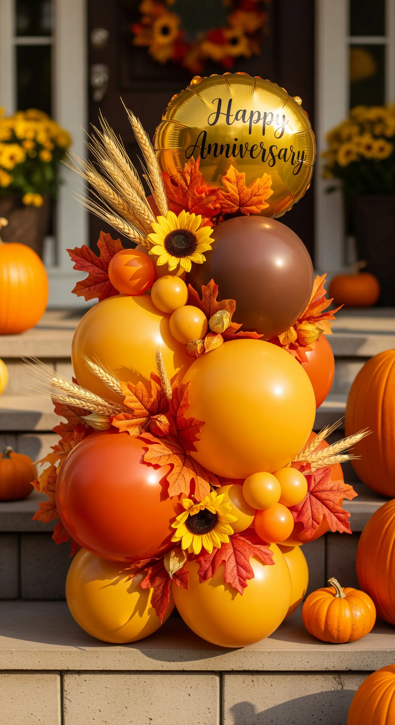 Composizione autunnale con palloncini arancioni e gialli, girasoli, spighe di grano e zucche.