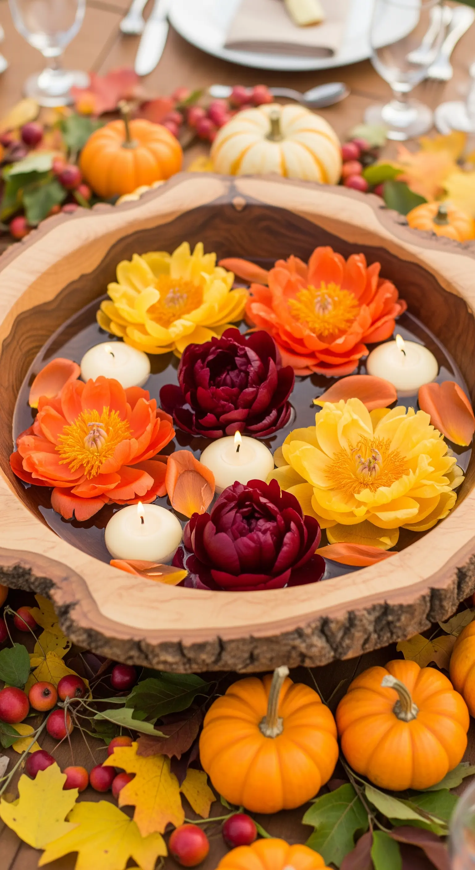 Ciotola in legno rustico con peonie autunnali, candele galleggianti e mini zucche.