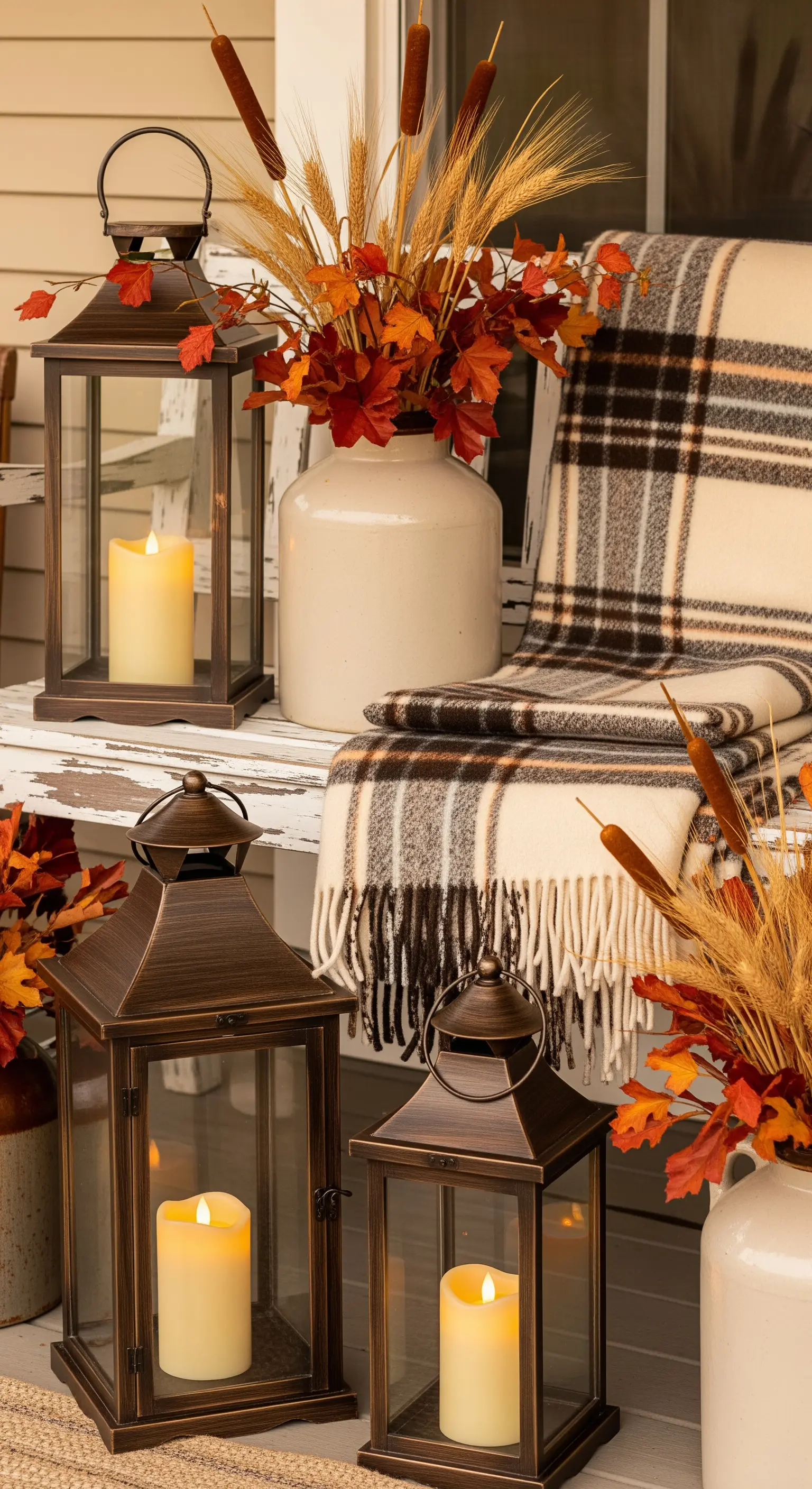 Dettaglio di una panca bianca con plaid scozzese, lanterne color bronzo e composizioni autunnali.