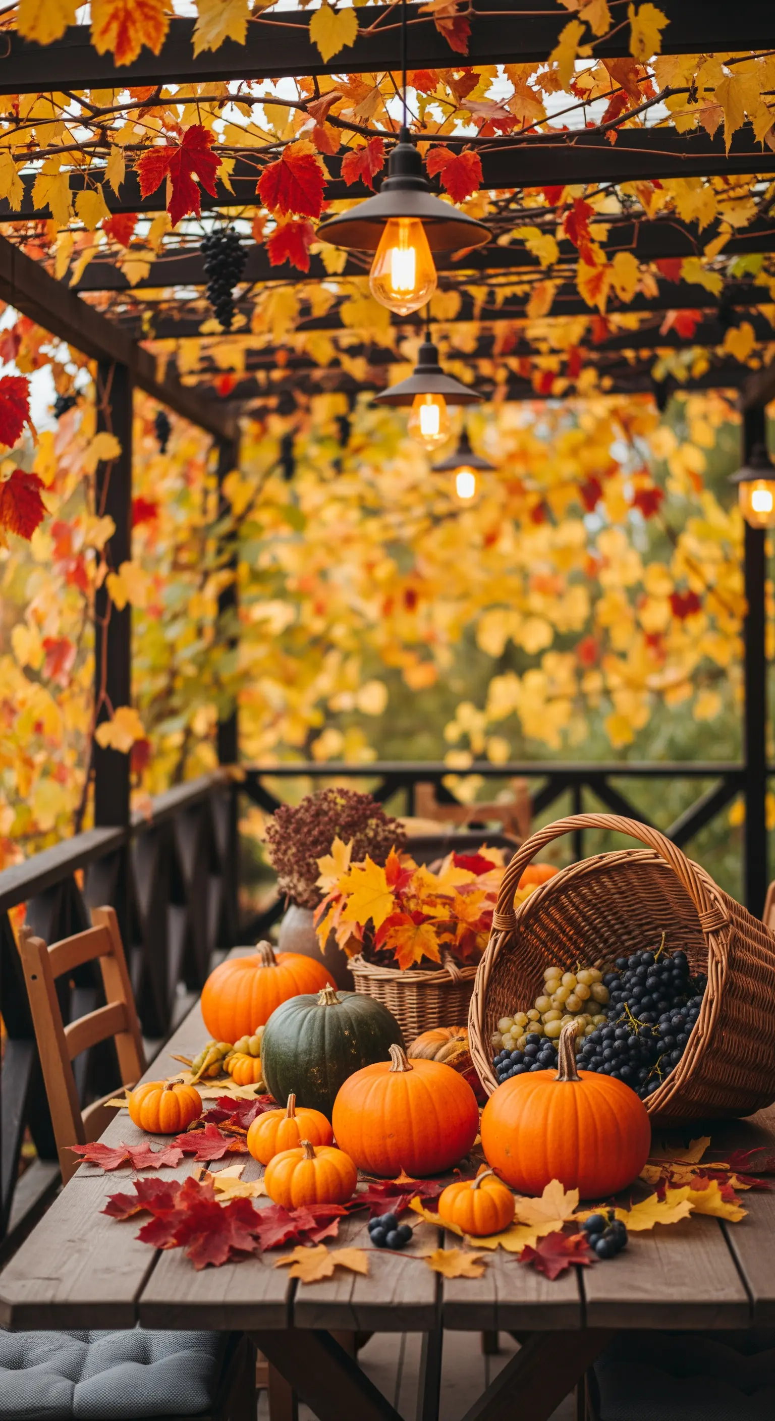 Tavolo autunnale decorato con zucche e uva sotto un pergolato di vite rossa