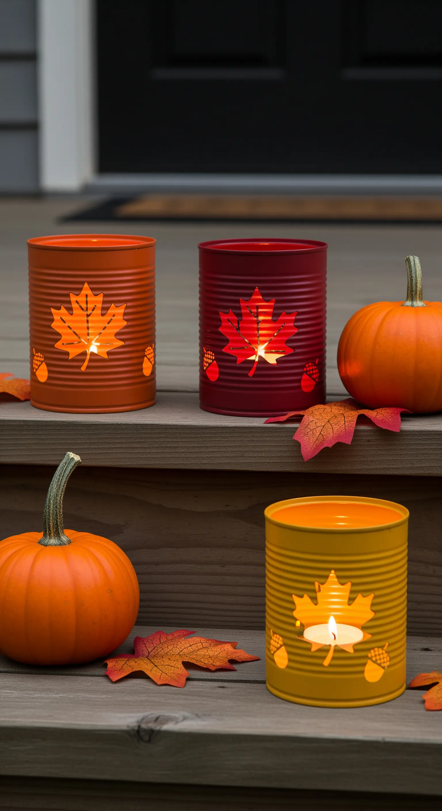 Tre lanterne fai-da-te colorate a tema autunnale con foglie traforate, vicino a delle zucche.