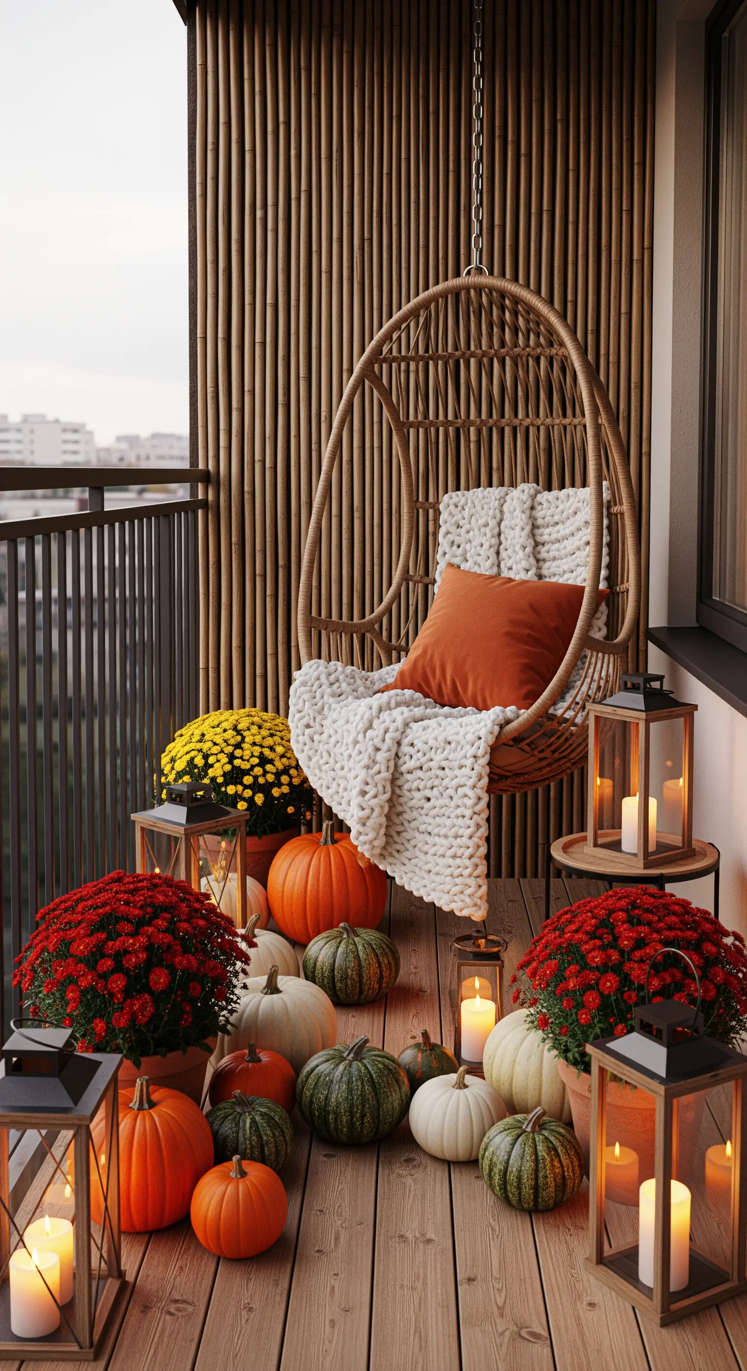 Poltrona in rattan decorata per l'autunno con zucche, fiori e lanterne.