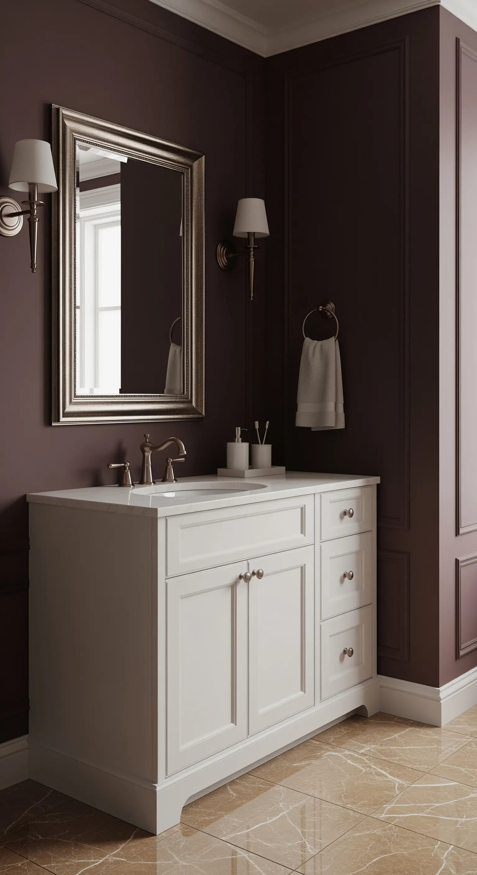 Bagno con pareti color prugna scuro, mobile bianco classico e specchio argentato.
