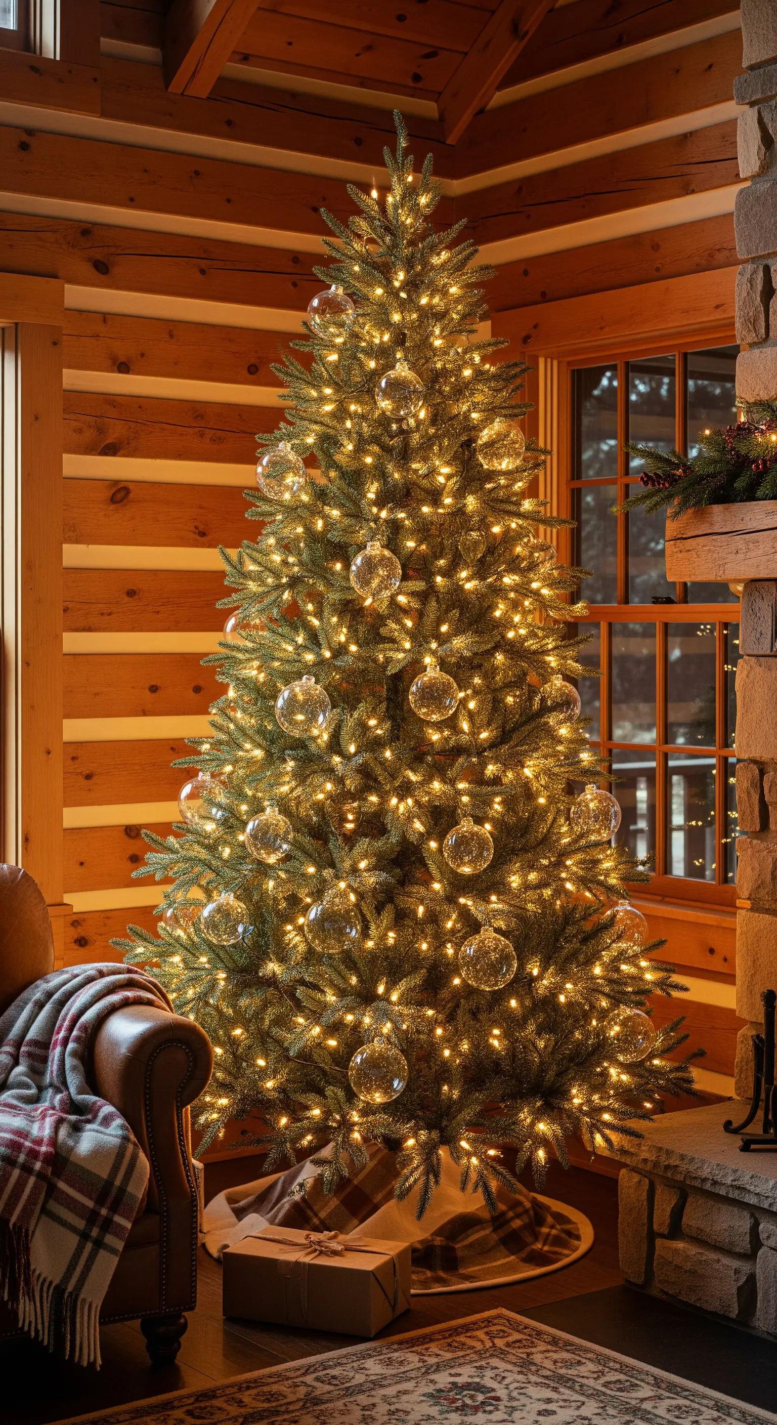 Abete folto in un ambiente rustico in legno, illuminato da abbondanti luci calde e sfere di vetro