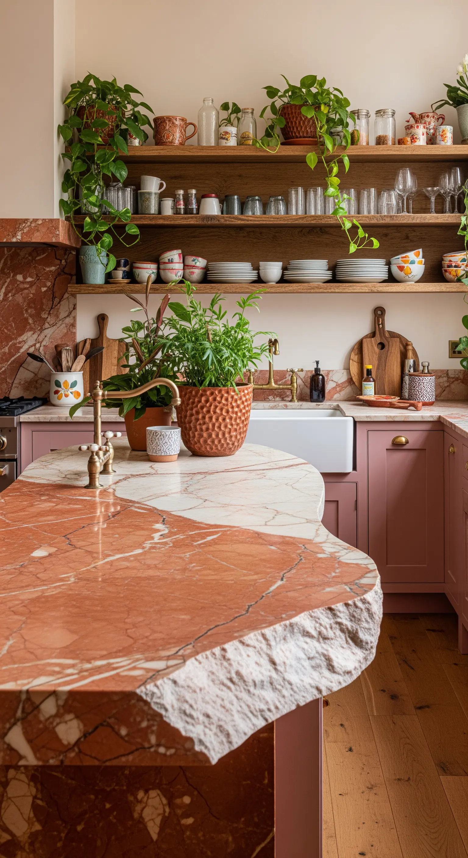 Isola in marmo rosa con bordo grezzo in una cucina eclettica con mobili rosa e mensole in legno.