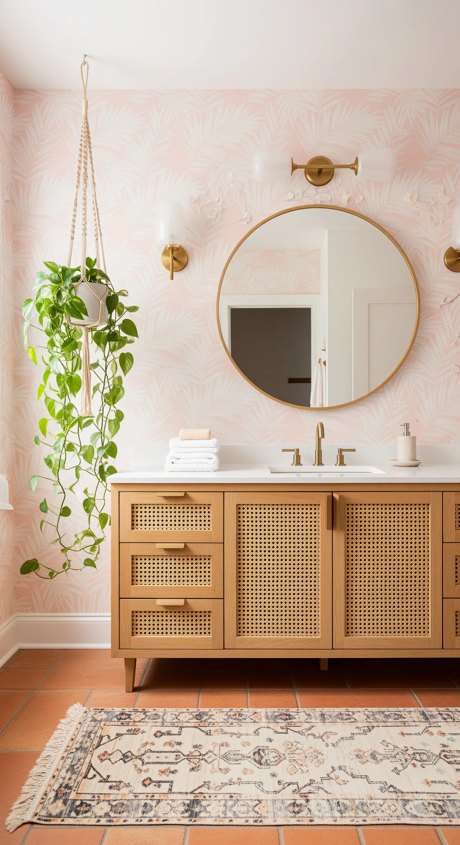 Bagno con carta da parati rosa, mobile con ante in rattan e pianta sospesa in macramè.