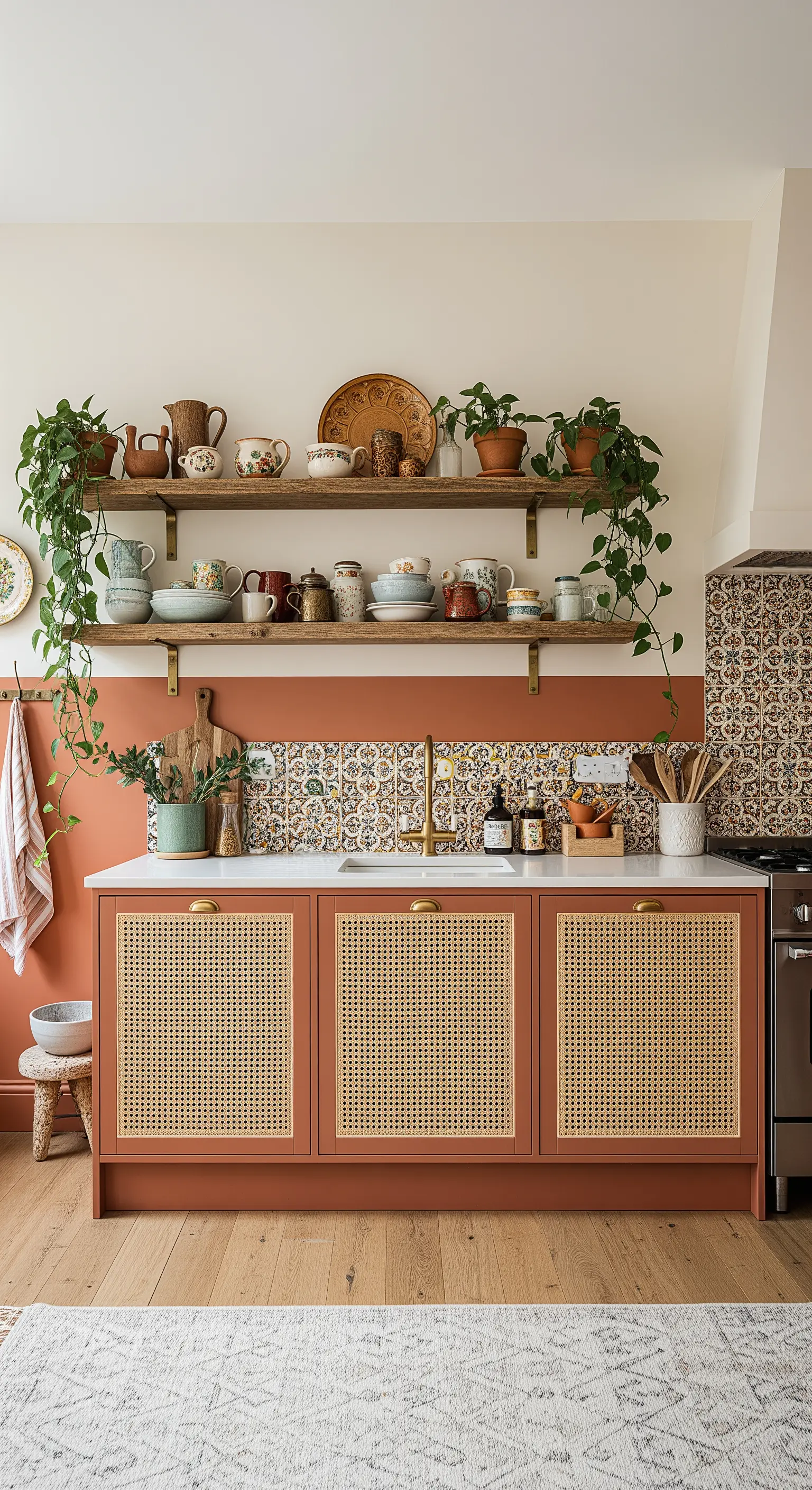 Cucina terracotta con ante in rattan e paraschizzi in maioliche colorate.