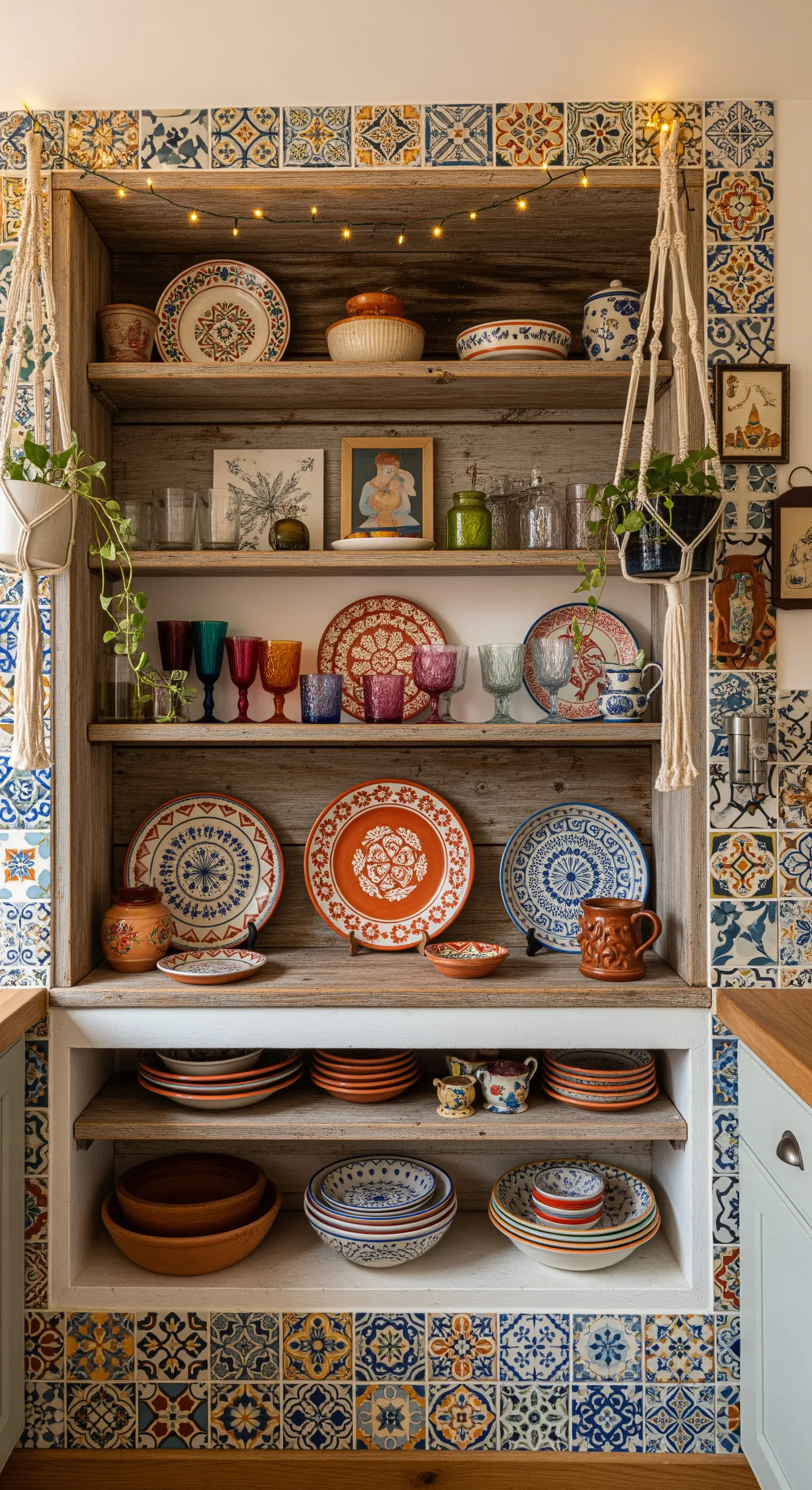 Libreria in legno grezzo incassata in una parete di maioliche colorate.