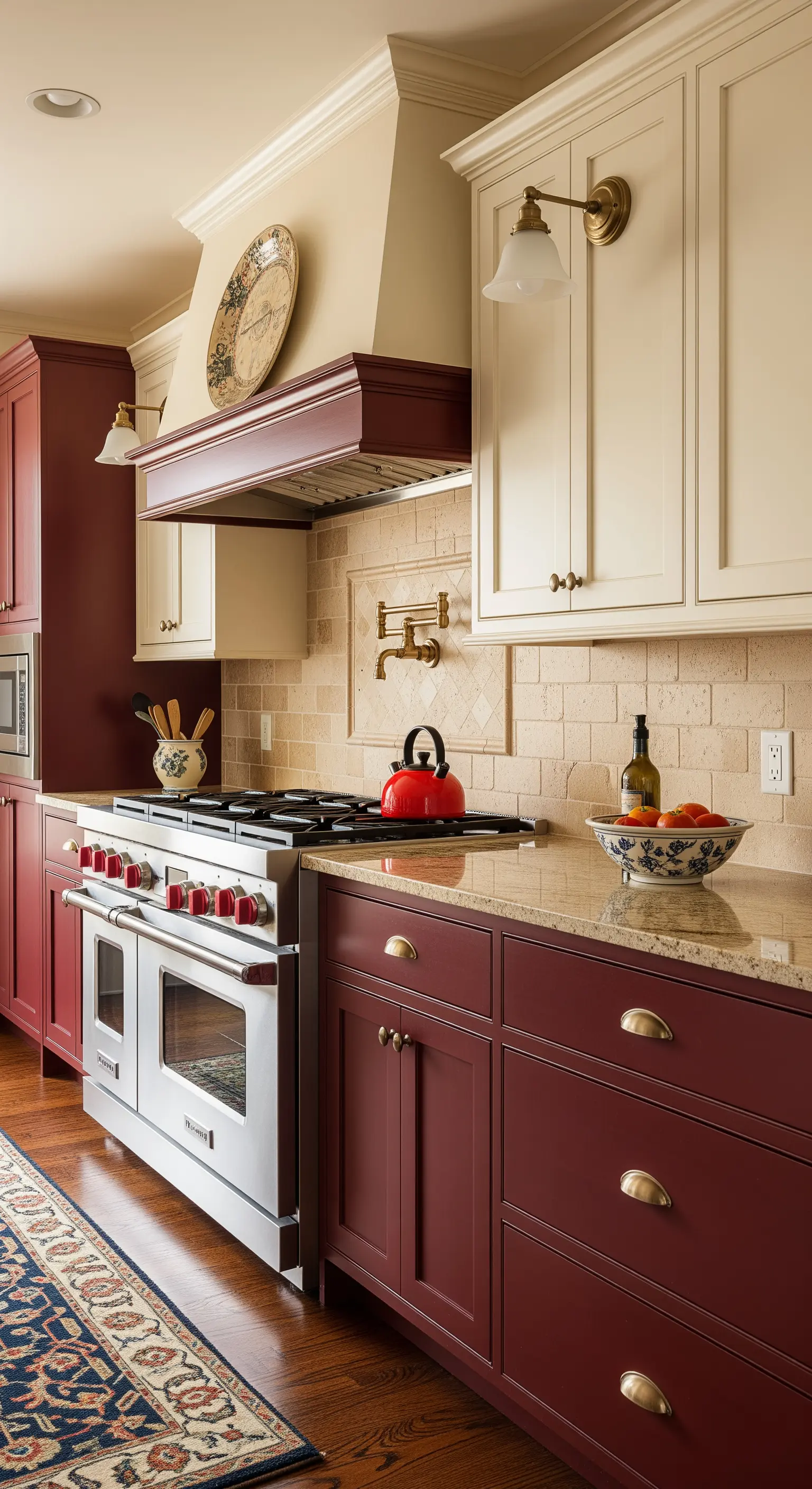 Cucina classica con basi color borgogna e pensili bianco crema.