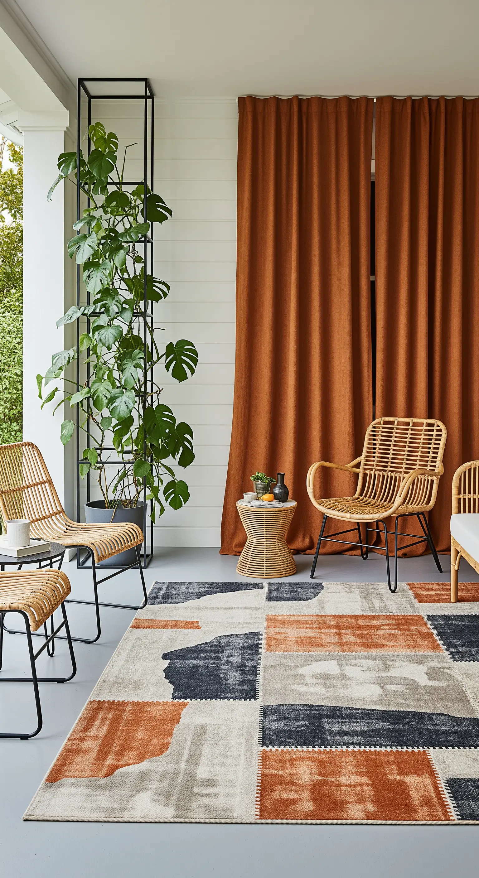 Portico moderno con sedie in rattan e metallo, tenda color terracotta e tappeto astratto.
