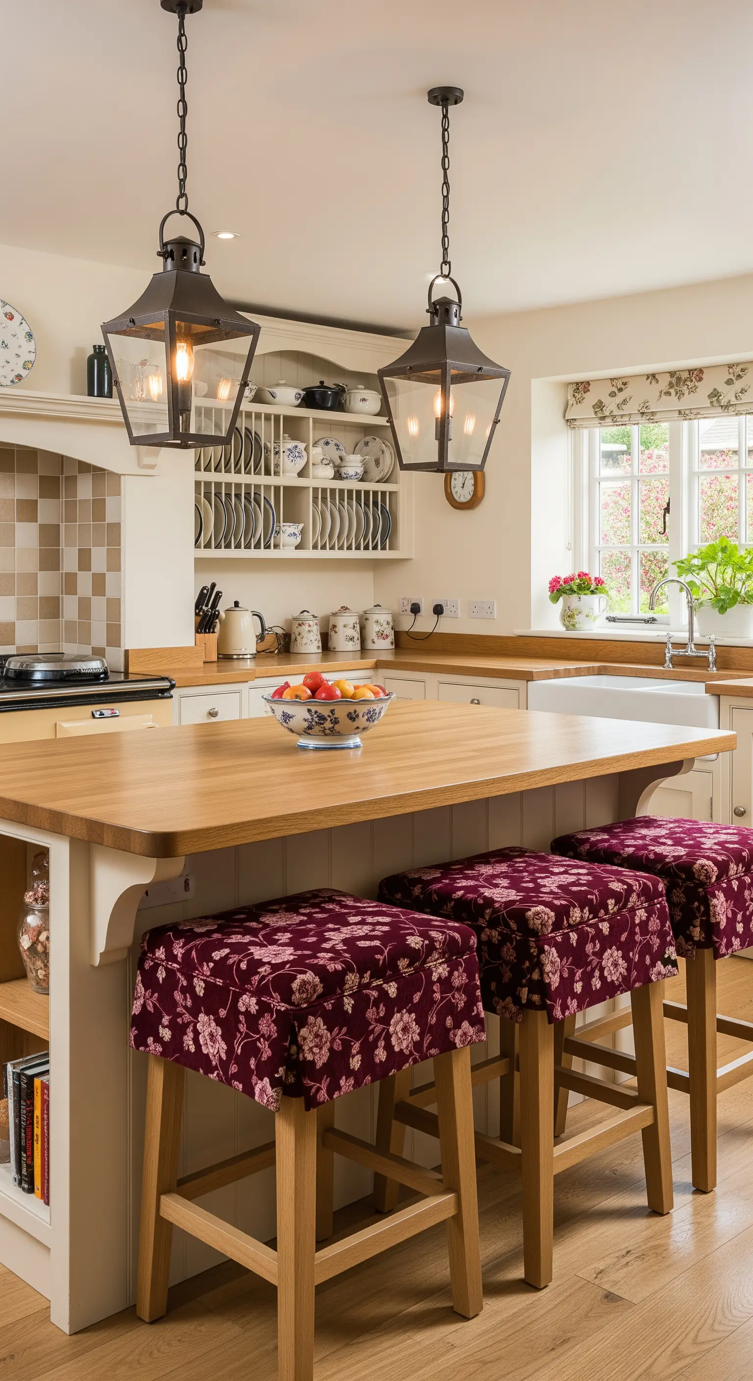 Cucina in stile country con sgabelli in legno rivestiti in tessuto floreale bordeaux