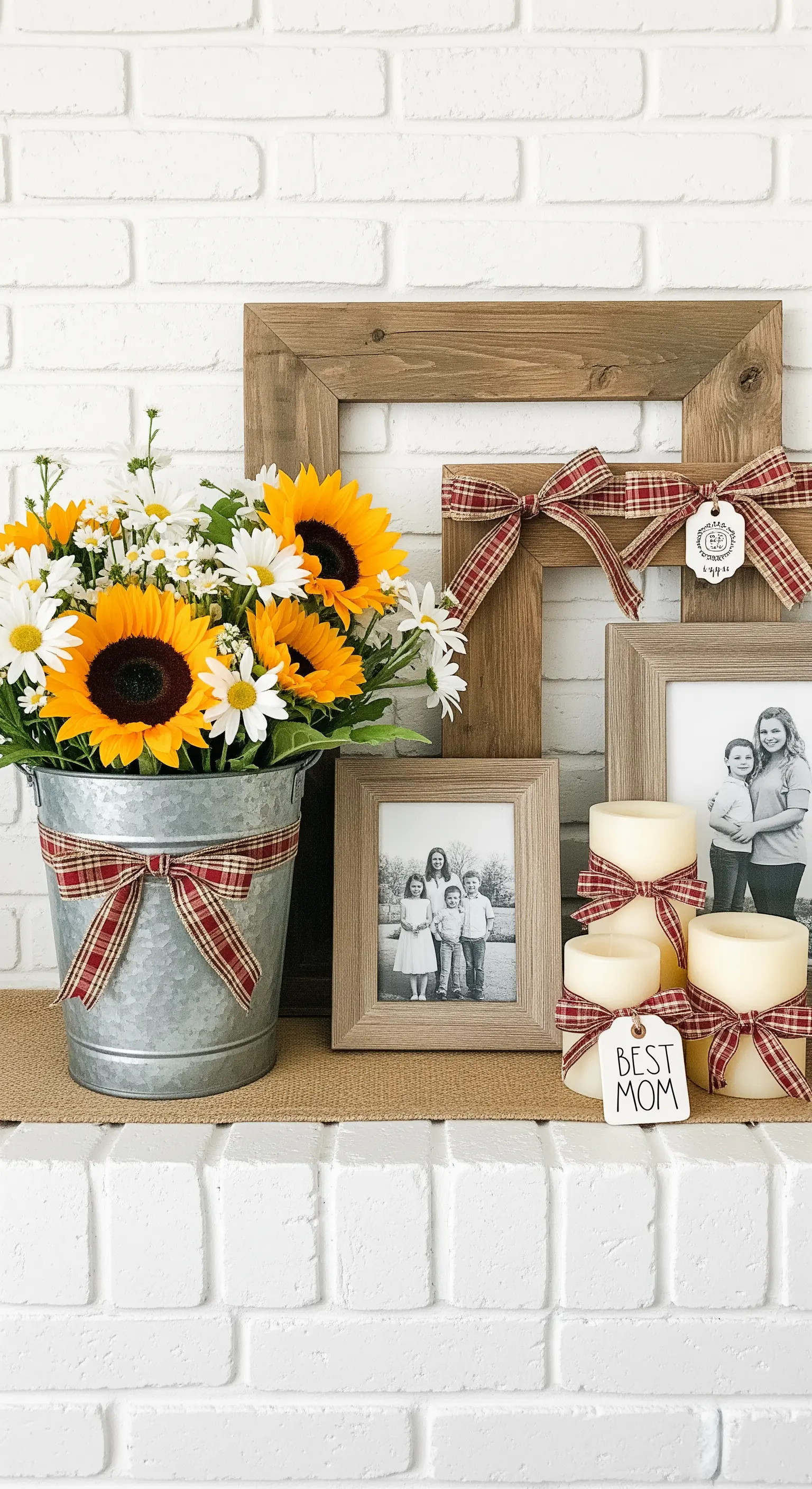 Decorazione country con girasoli, cornici in legno e candele decorate con nastri scozzesi.