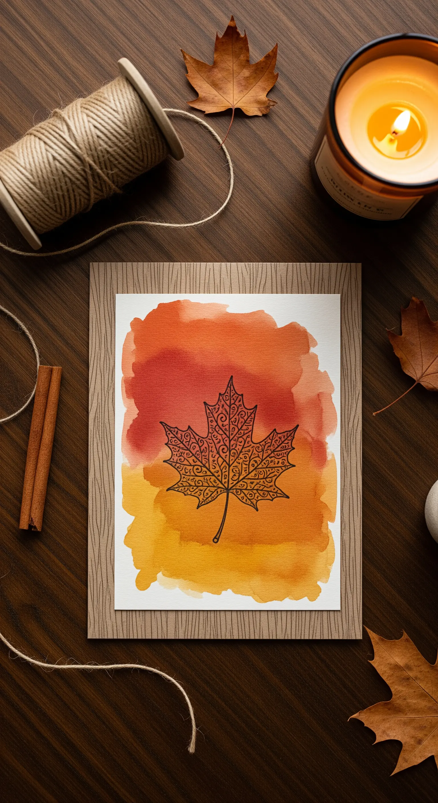 Biglietto autunnale con foglia d'acero timbrata su sfondo ad acquerello arancione e giallo.